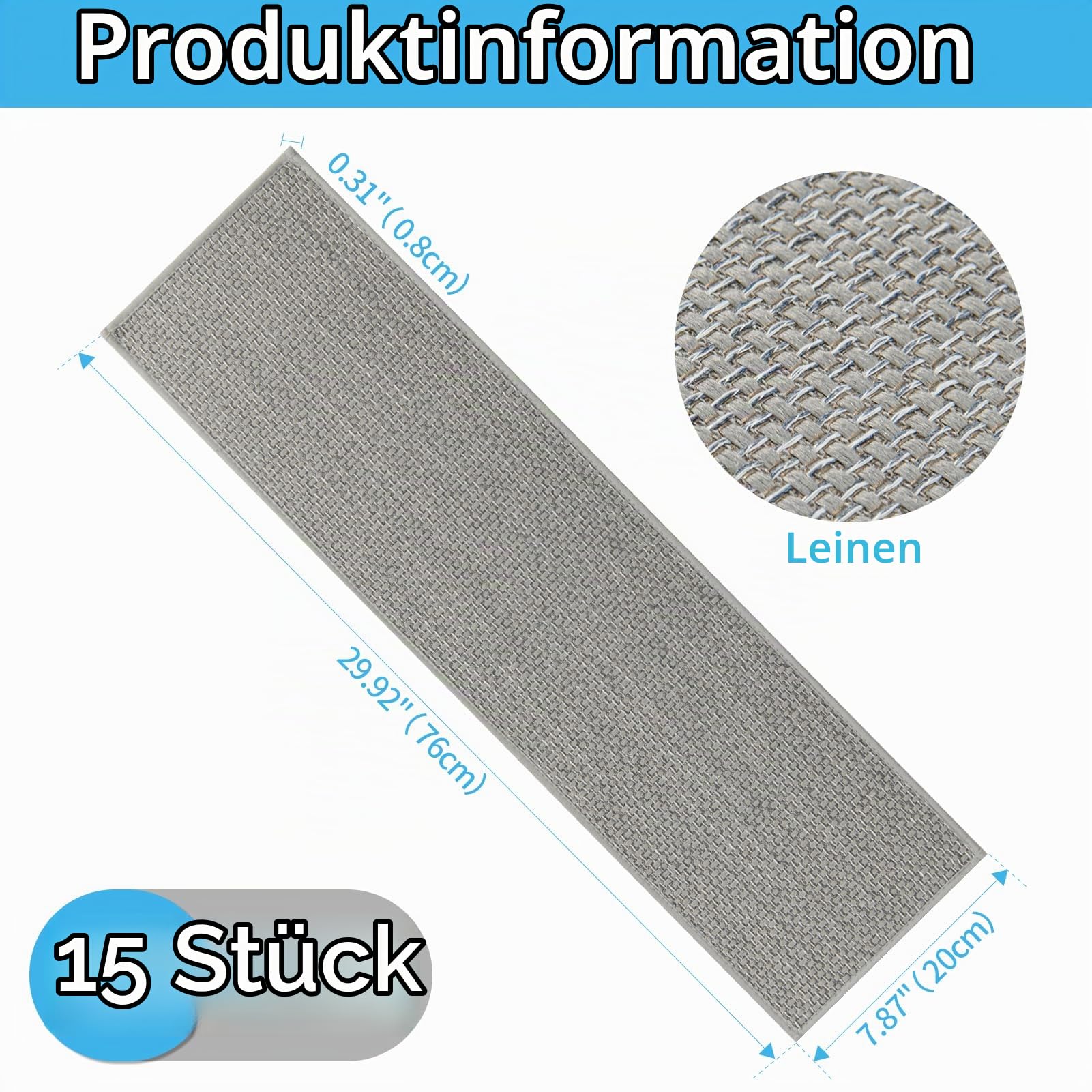 Art3d Stufenmatten Treppenstufen Matten 20 X 76 cm Leinenoptik-Grau | 15 Stück Treppenteppich Selbstklebend Sicherheit Stufenteppich Ideal für Kinder, Älteste und Haustiere