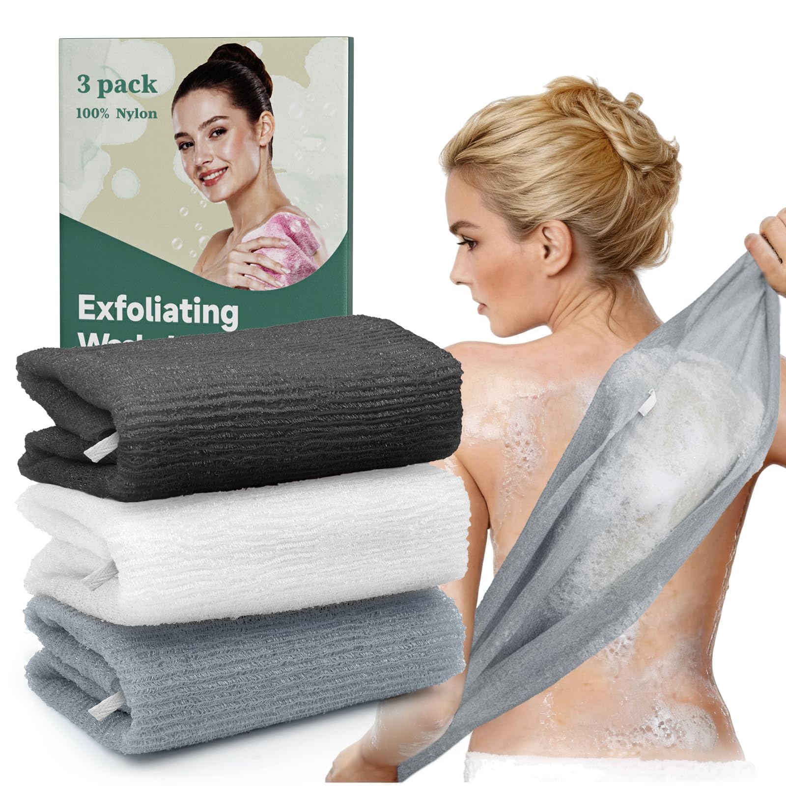 Bathway Exfoliating Washcloth, 36.8-Inch Bath Towel Body Scrubber with Hanging Strap, Back Scrubber for Shower Japanese Washcloth Loofah - Deep Clean & Rich Lather (Black & White & Gray, Pack of 3)