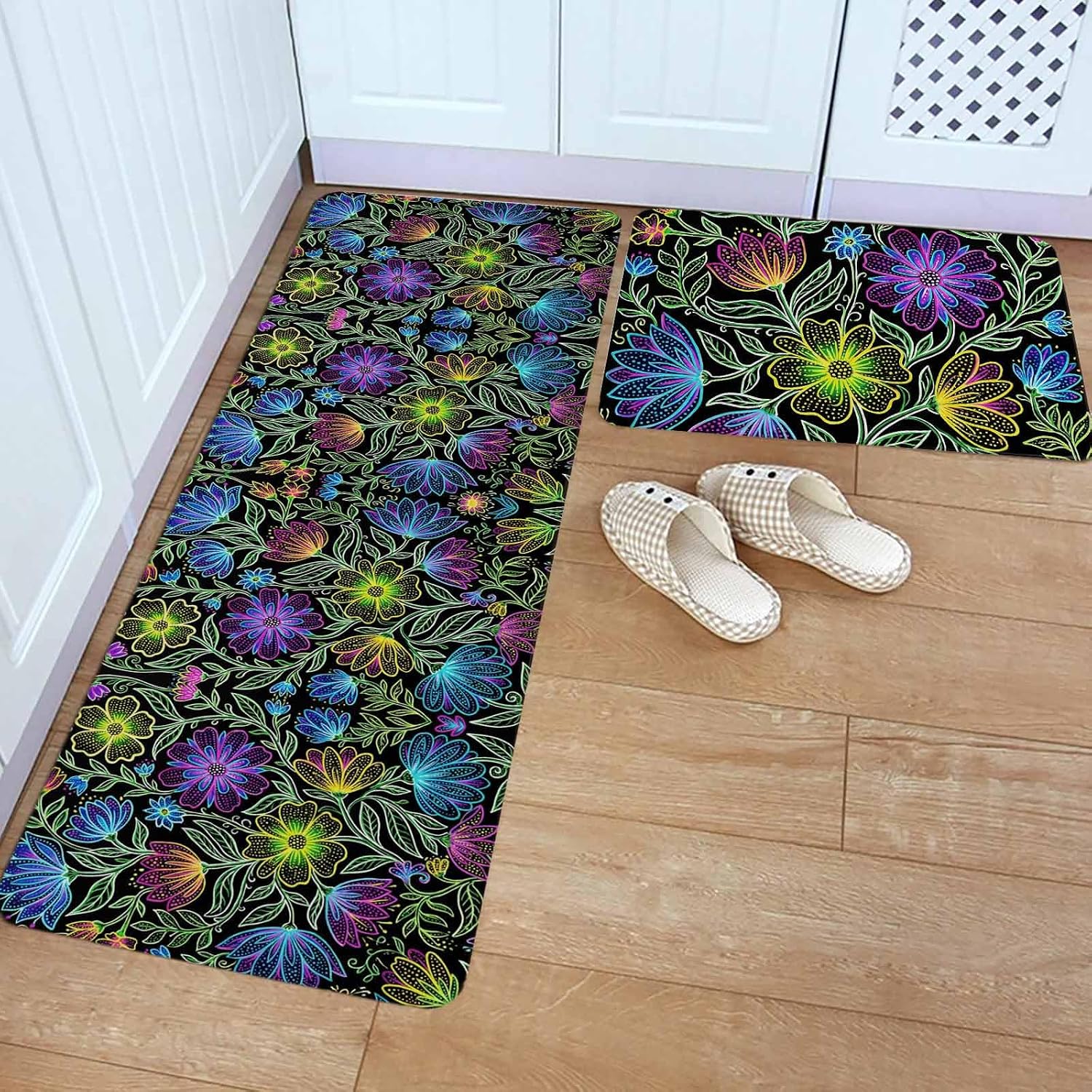 Abstract Flower Kitchen Rugs and Mats Set of 2, Non-Slip Kitchen Sink Mat, Geometric Colorful Floral Leaf Plant Washable Doormat Bathroom Rugs Runner for Bedroom/Living Room 19.7"x23.6"+19.7"x47.2"