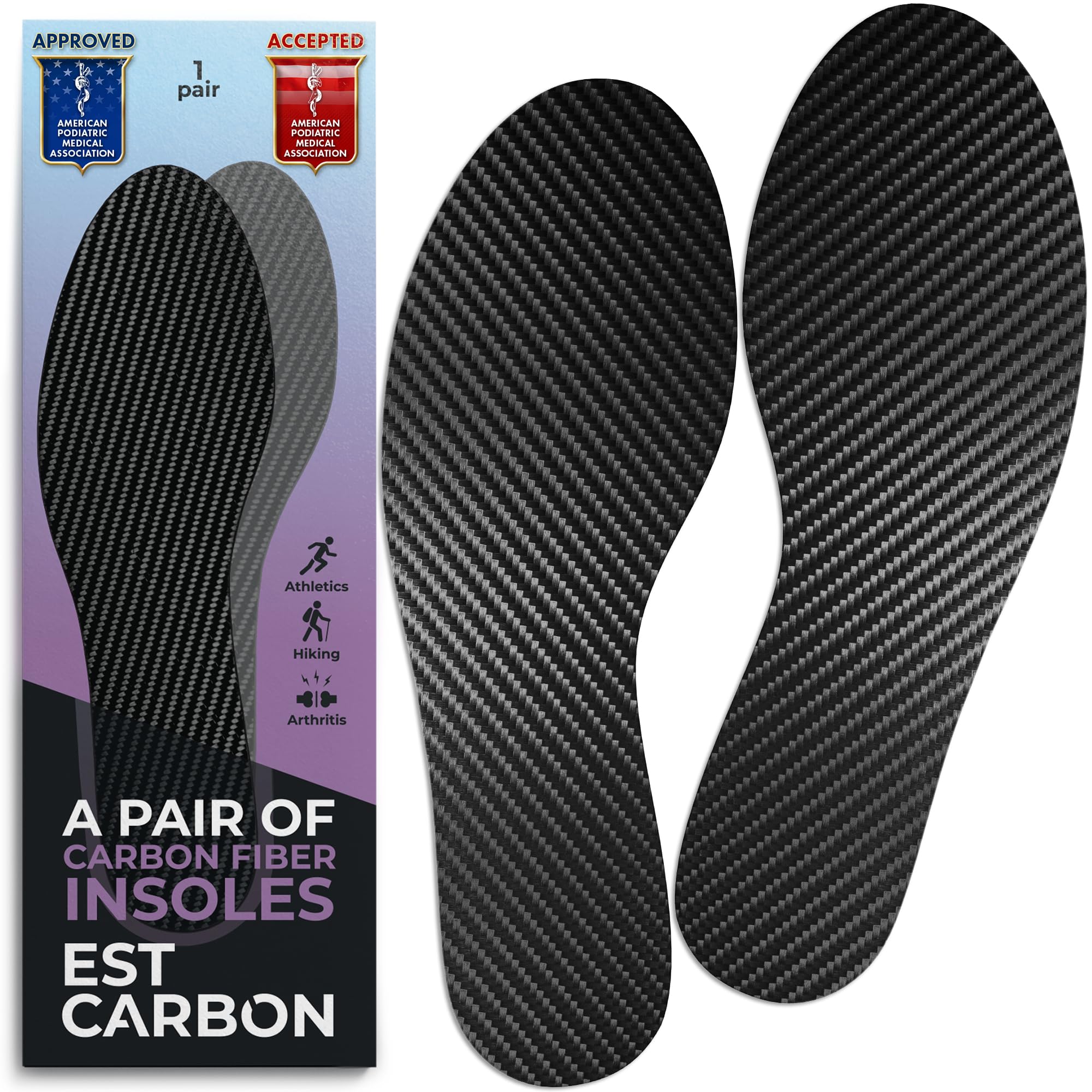 Carbon Fiber Insoles - 2 Pieces, Performance CFI Shoe Inserts for Sports - Stiff Foot Plate - Athletic Orthotic Insole - for Running, Soccer, Basketball, Tennis, Football, Black, Women 4-4.5