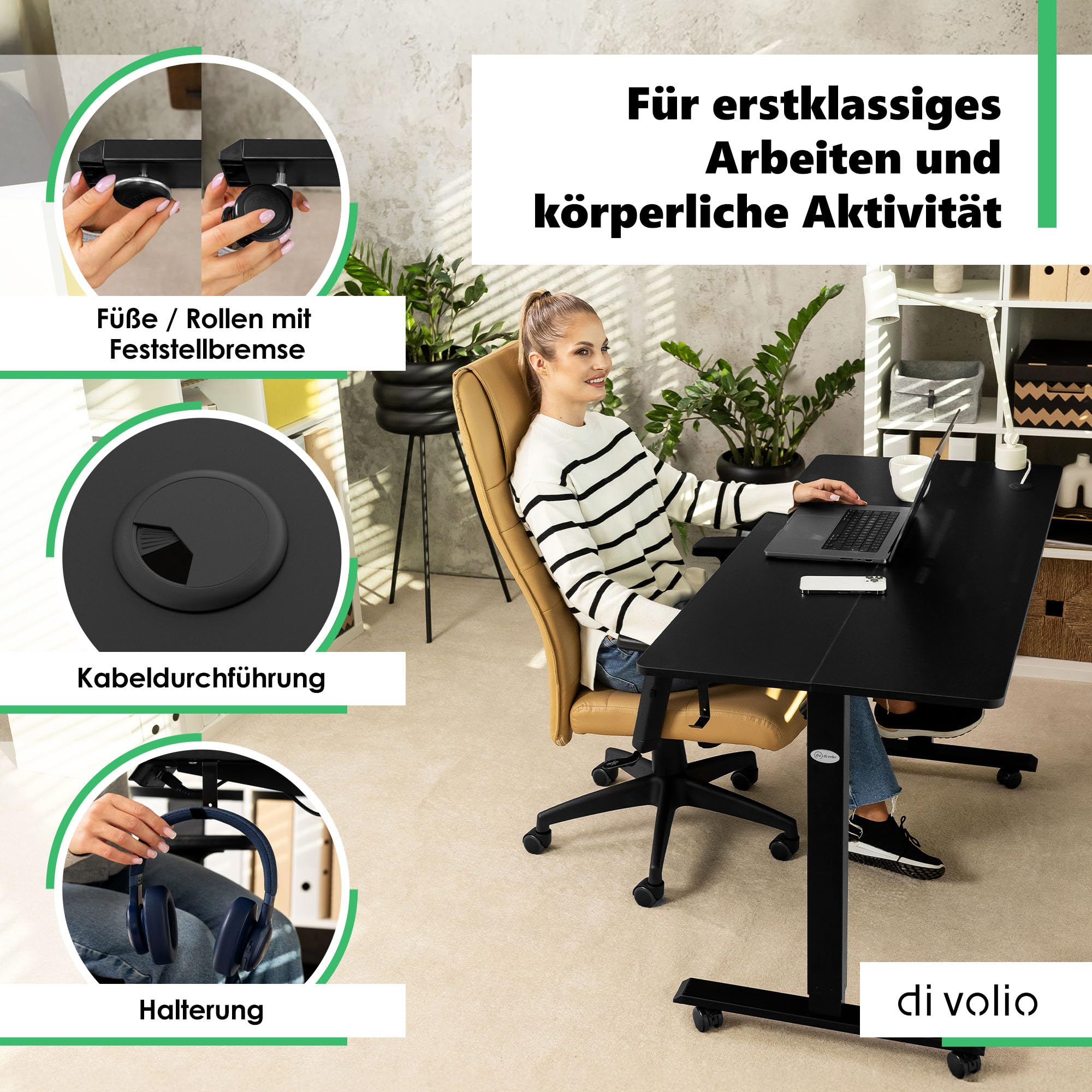 di volio Elektrischer Schreibtisch Höhenverstellbar Schwarz 120x60 cm Amone | Memory-Funktion, Sitz-Steh-Arbeitsplatz, Ergonomischer Bürotisch, Computertisch, Homeoffice, Stabile Konstruktion