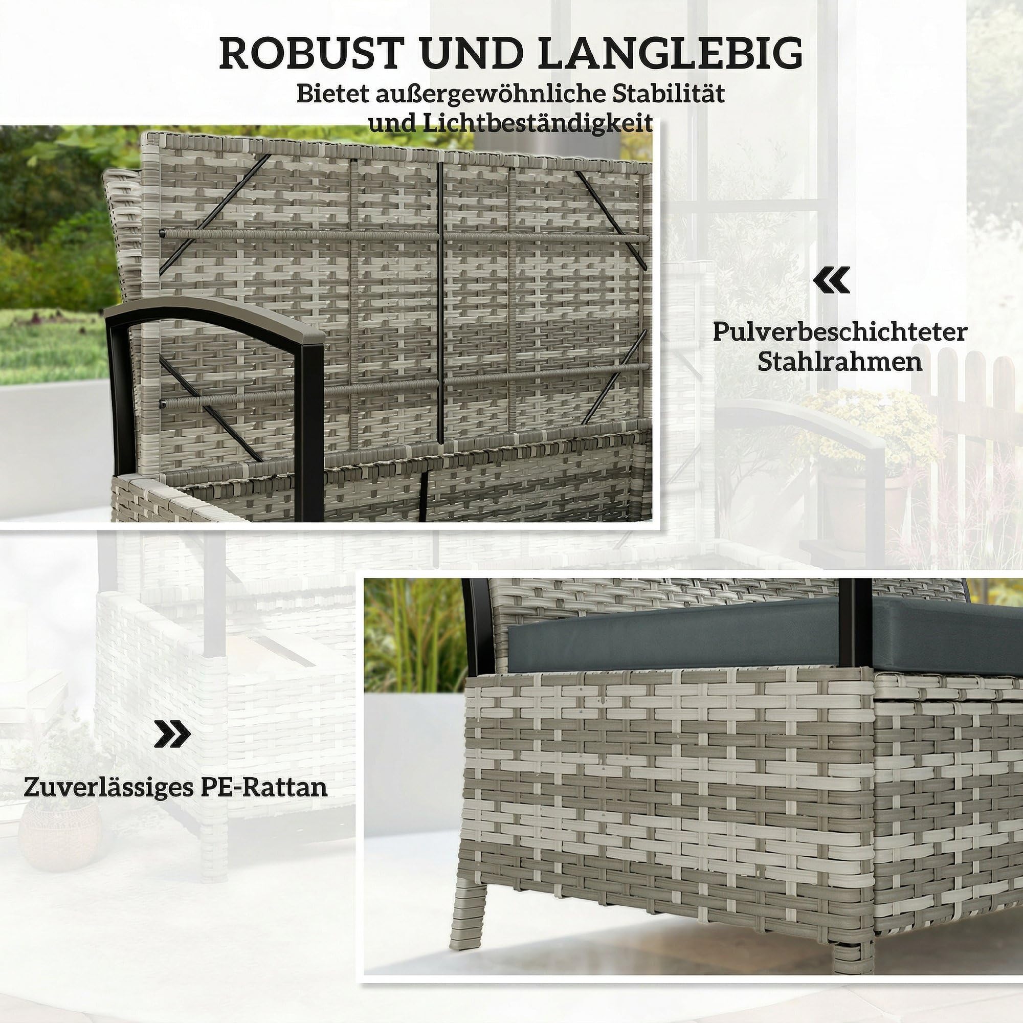 Outsunny Gartenbank mit Stauraum 2-Sitzer Sitzbank mit Kissen Haltegriffen 125L Aufbewahrungsbank Aufbewahrungsbox Bank für Flur Schlafzimmer Wohnzimmer Poly Rattan 123 x 70 x 82 cm Dunkelgrau