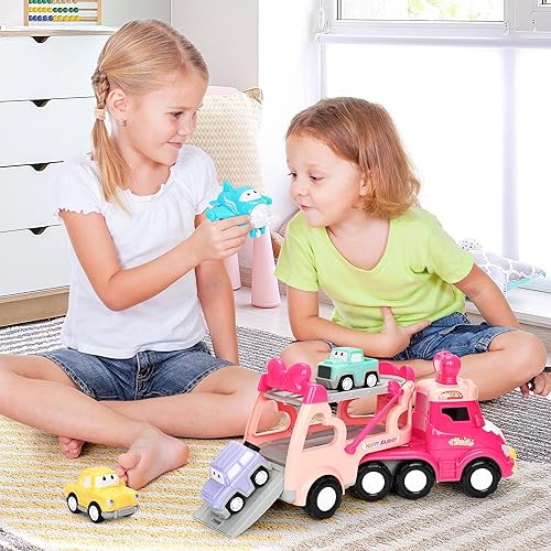 Miniatura 2 de Juguetes de coche para niñas, regalos de cumpleaños 5 en 1, camiones de transporte de princesa rosa para niños pequeños con luces y música, juguetes