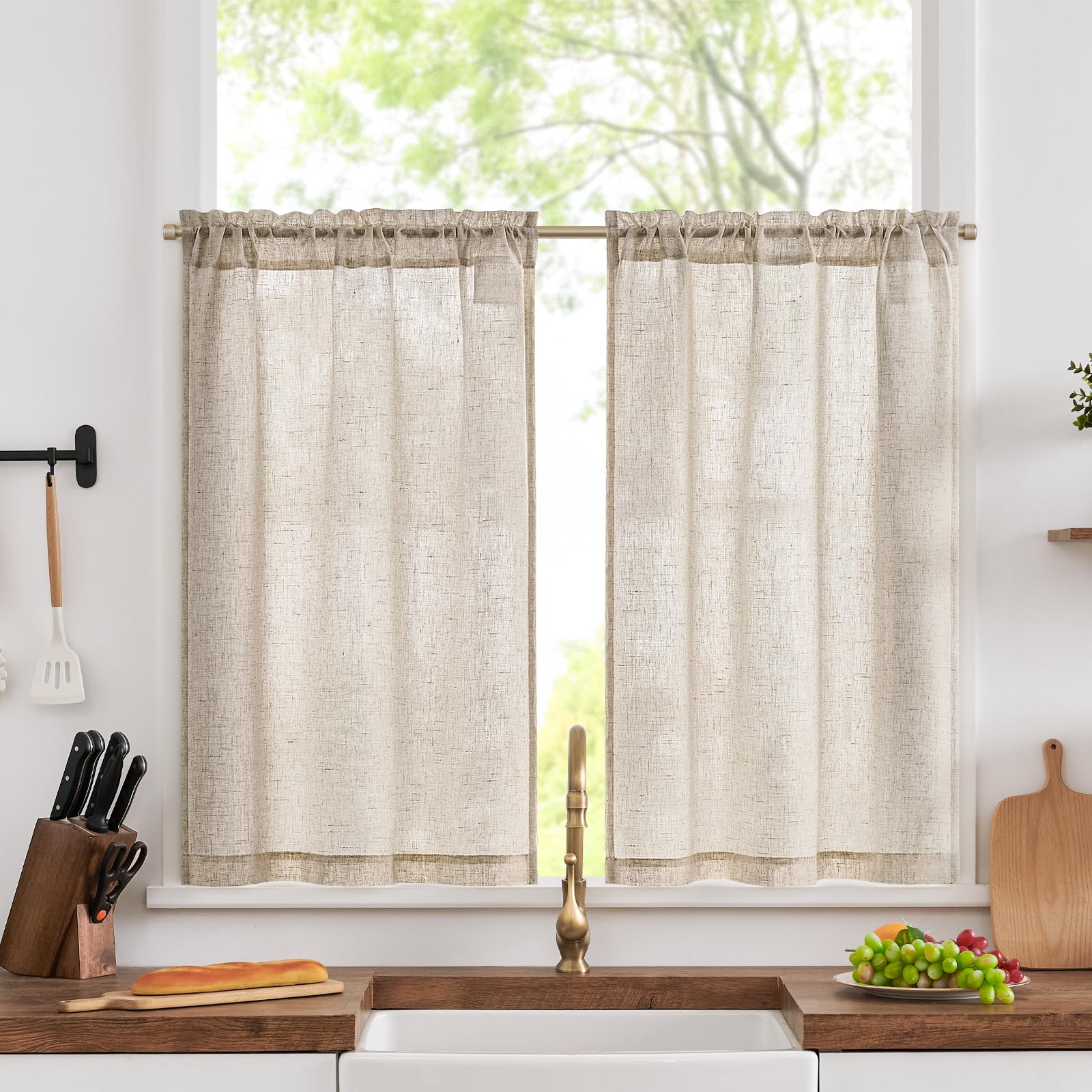 TOPICK Linen Blend Kitchen Curtains, Cafe Curtains, W26xL36, Oatmeal, 2 PCS