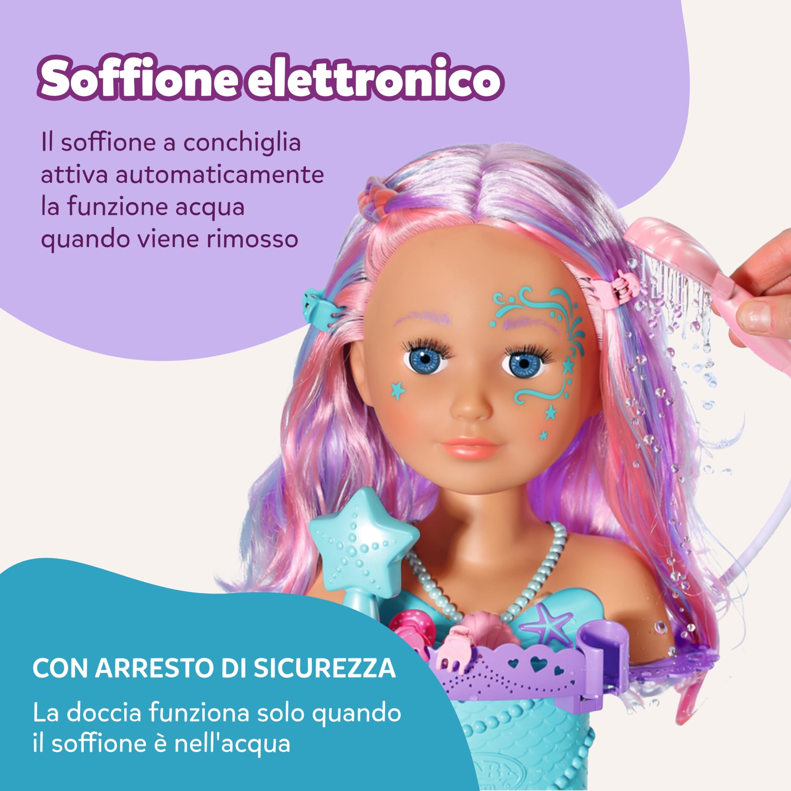 BABY born Testa stilizzata Sirena - Testa da trucco e acconciare per bambine dai 3 anni in su - Girevole e adatta per il bagnetto - Con funzione acqua, spazzola, diadema e accessori