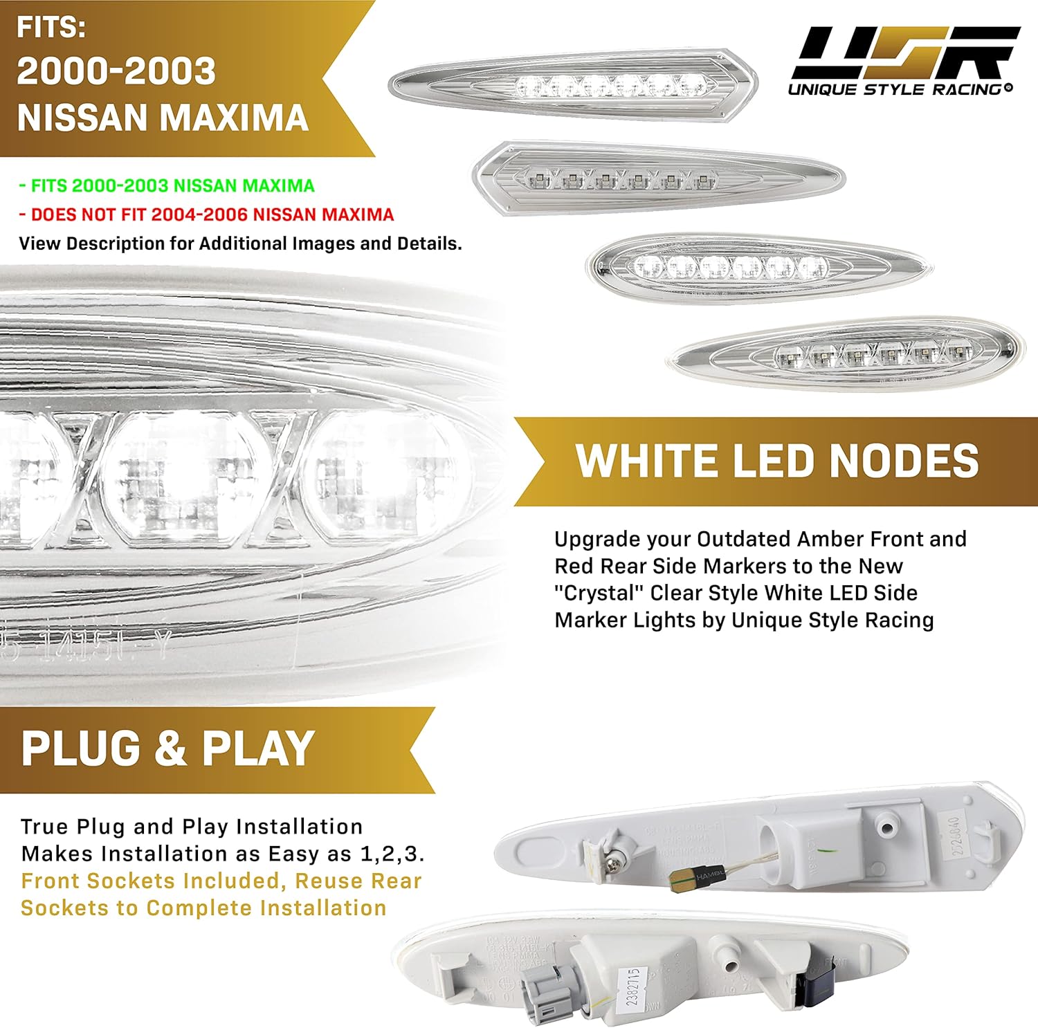 USR DEPO 00-03 Maxima Side Marker Lights - Front + Rear White LED Bumper Sidemarkers Lamps (Left + Right) Compatible with 2000-2003 Nissan Maxima (Clear Lens, Plug and Play 4 Pieces Set)