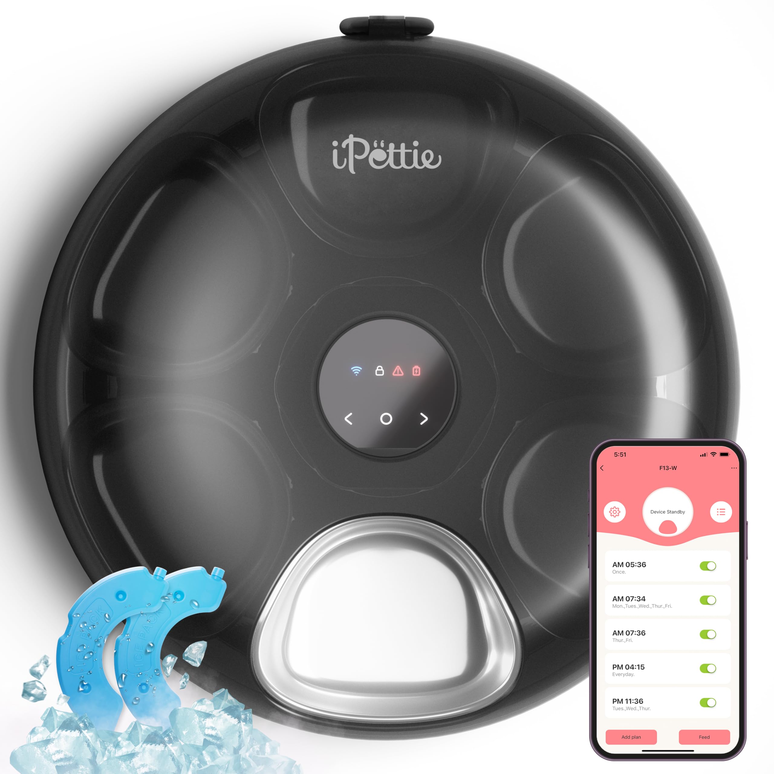 iPettie Donut Frost WiFi Automatic Cat Feeder with App Control, Dry and Wet Food, Intelligent Dog Feeder with Two Ice Packs, Timer