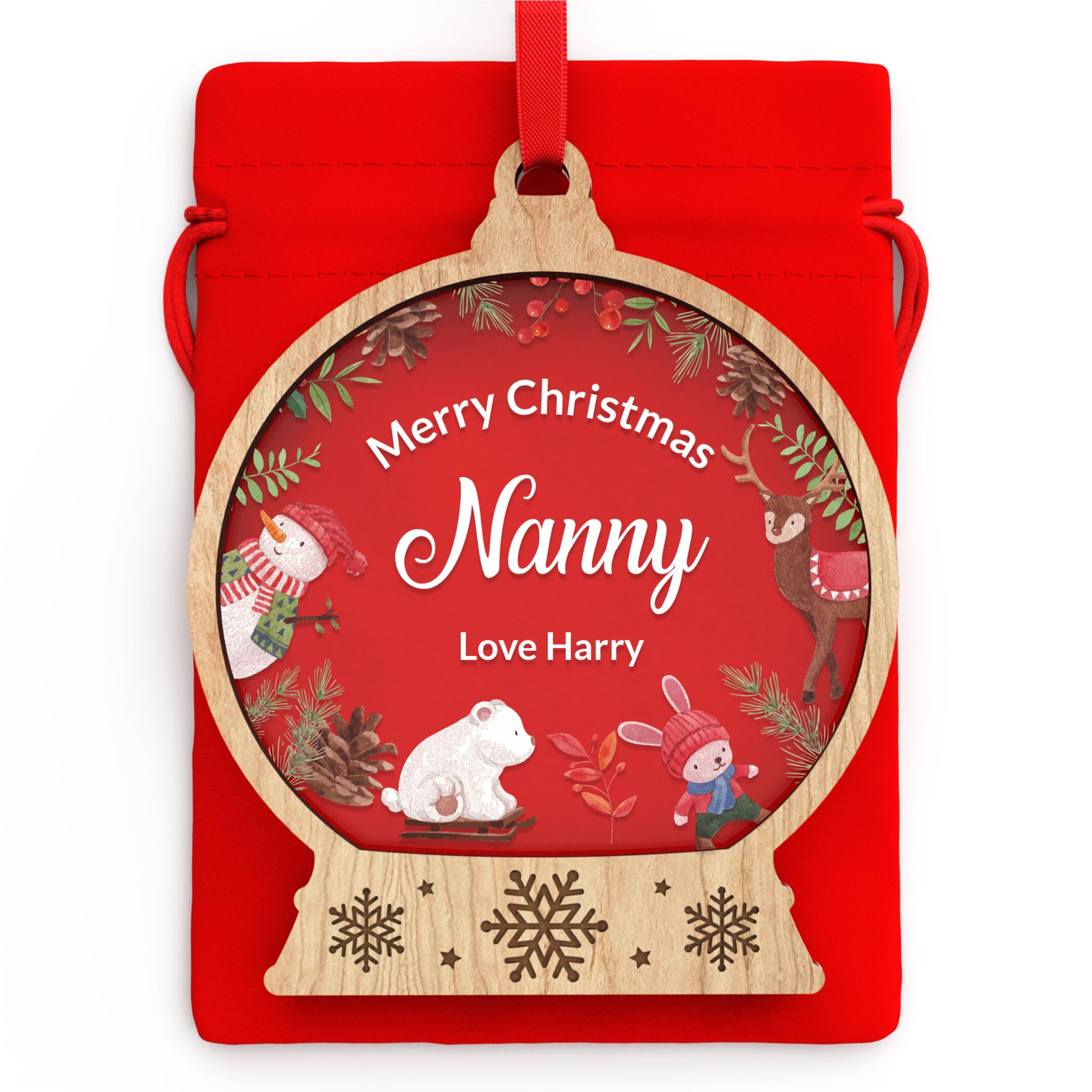 Beecreative Personalised For Nanny, Grandma, Granny, Nanna - Nanny Tree Decoration Keepsake - Snowglobe Decoration With Red Bag