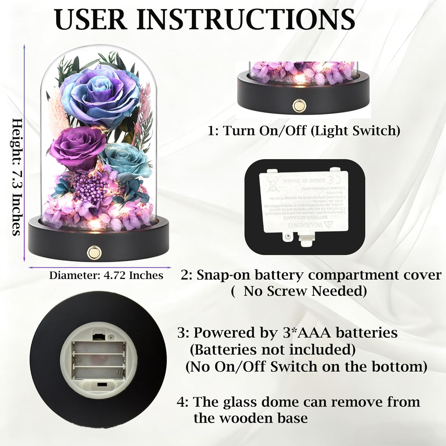 Birthday Gifts for Women Purple Preserved Flowers in Glass Dome Forever Flowers for Delivery Prime, Colorful Forever Roses Anniversary Mothers Day Valentines Day for Her Mom Wife - Image 2