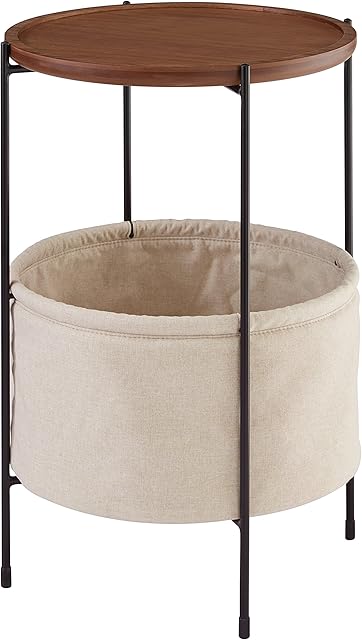 Amazon Brand - Rivet Meeks Storage Basket End/Side Table, 42.4 x 59.9 x 42.4 cm, MDF with Walnut Veneer/Metal Frame/Cream Fabric