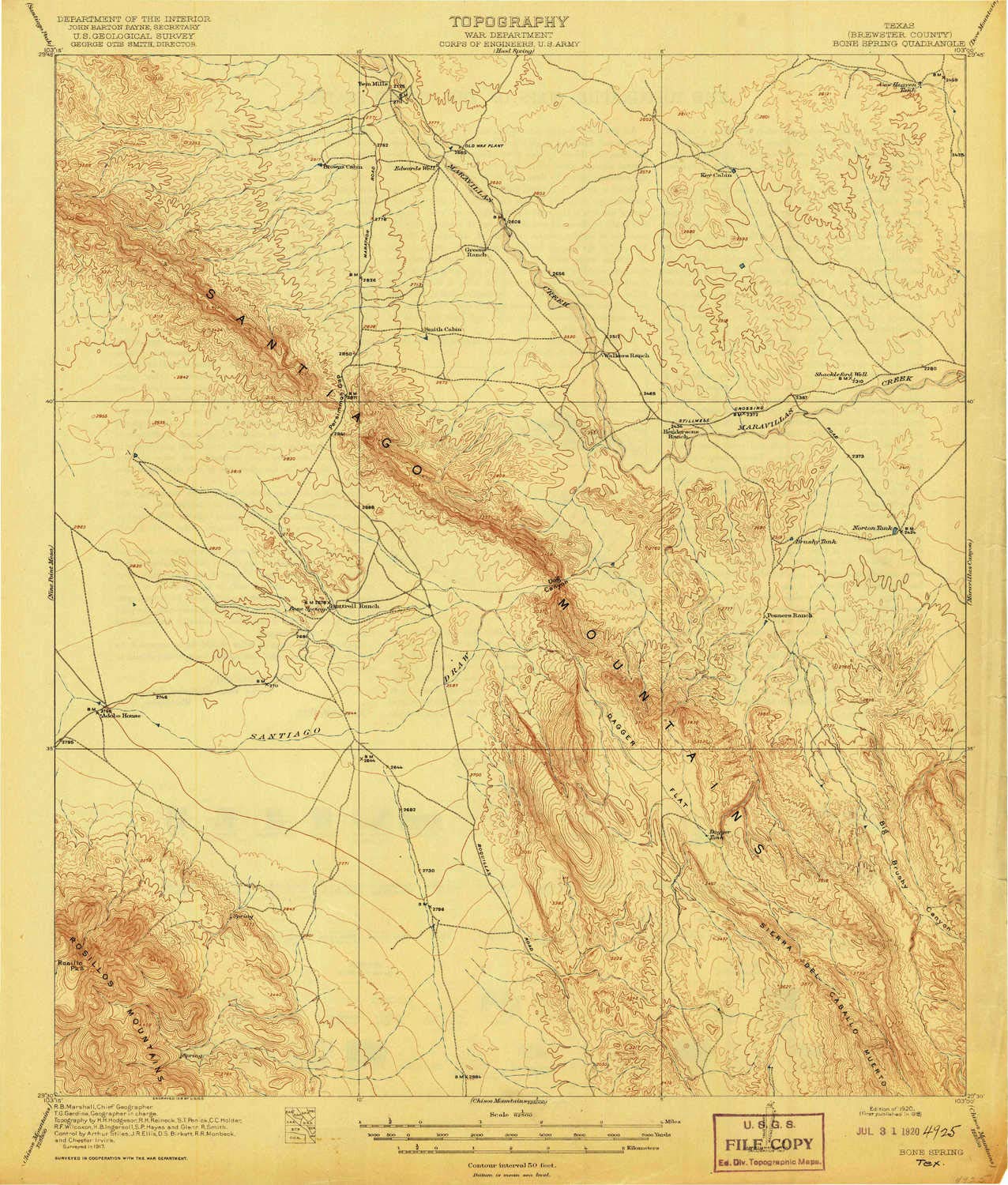 YellowMaps Bone Spring TX topo map, 1:62500 Scale, 15 X 15 Minute, Historical, 1920, 19.9 x 16.9 in - Tyvek