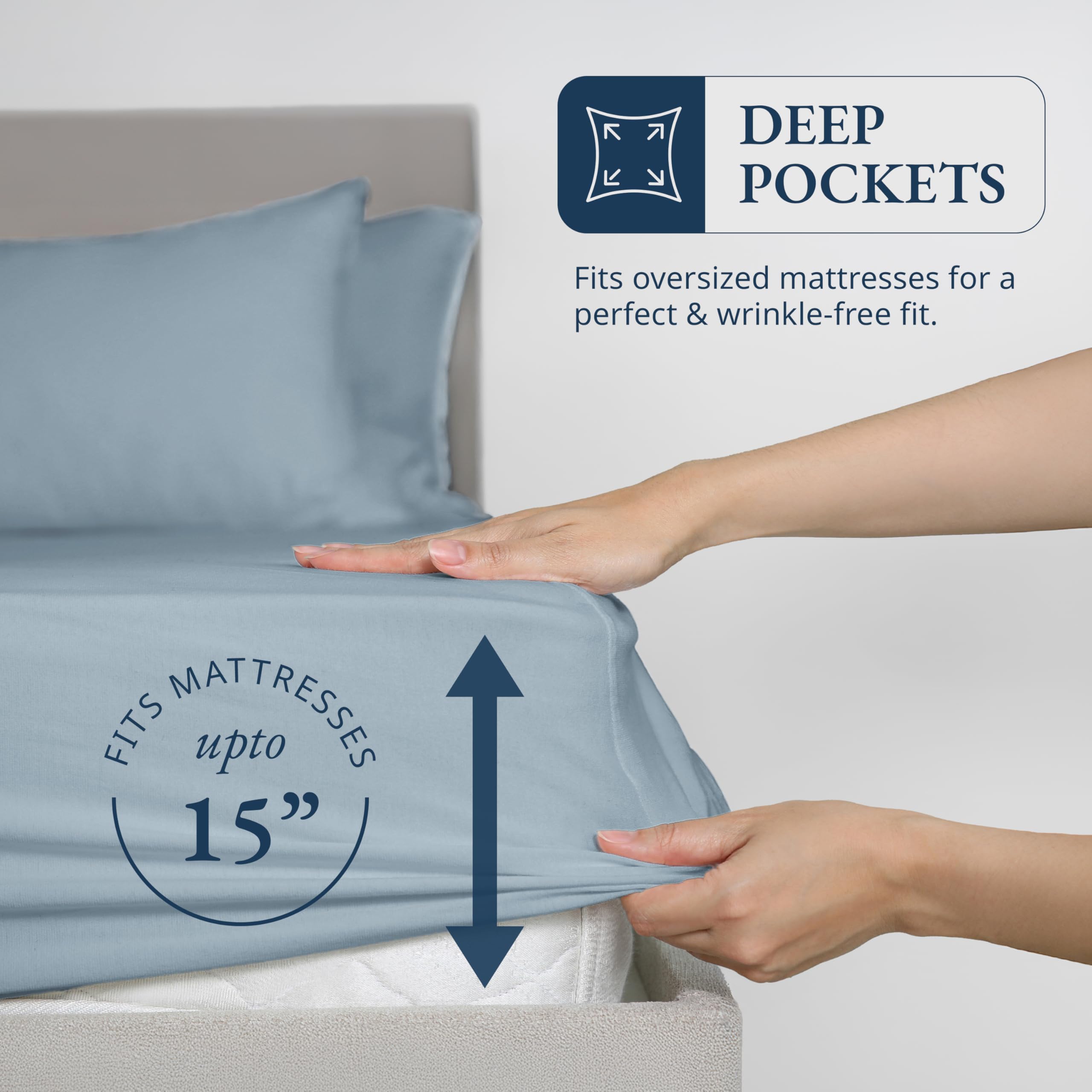 Spannbettlaken für Super-Kingsize-Betten aus Bio-Baumwolle, ultraweich und atmungsaktiv, mit 2 Kissenbezügen, 35 cm tiefe Tasche, elastische Kanten, Bettlaken (French Blue)