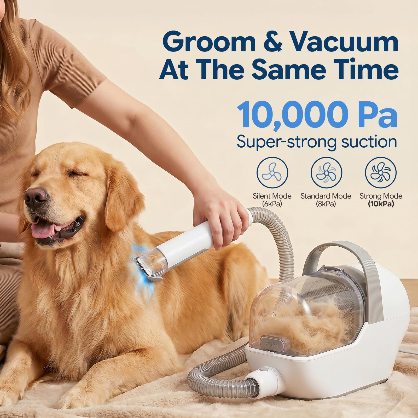 Kit de aseo para perros con aspiradora, 6 en 1 herramientas de aseo para mascotas para perros y gatos, 3 modos de succión, cepillo para polvo con cortaúñas, taza de polvo de 2 L para aseo