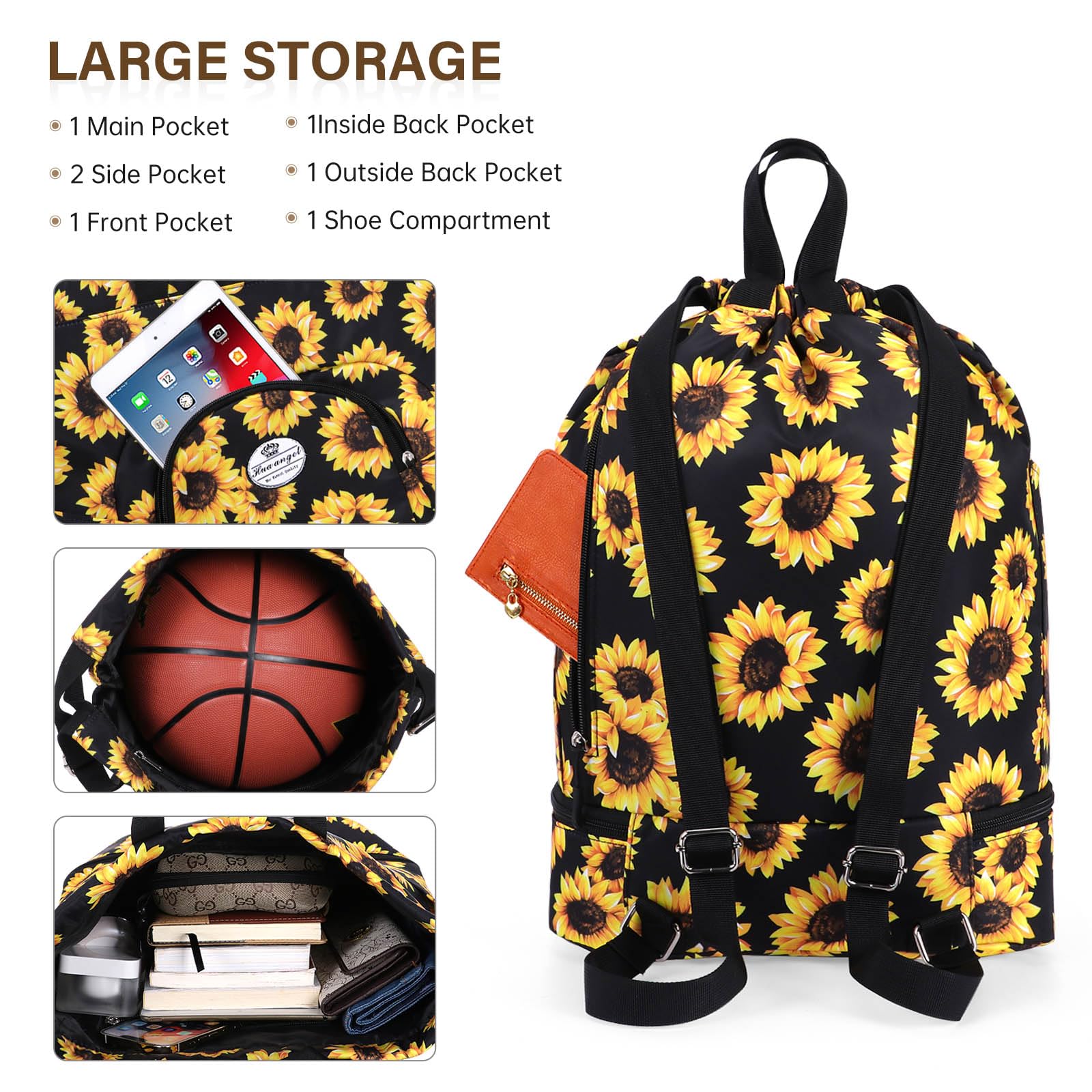 HUA ANGEL Unisex Drawstring Backpack Sports Gym Bag Drawstring Bag Weekend Daypack With Shoe Compartment for Women Men Basketball Football Outdoor Fitness Yoga Swimming Beach - Image 3