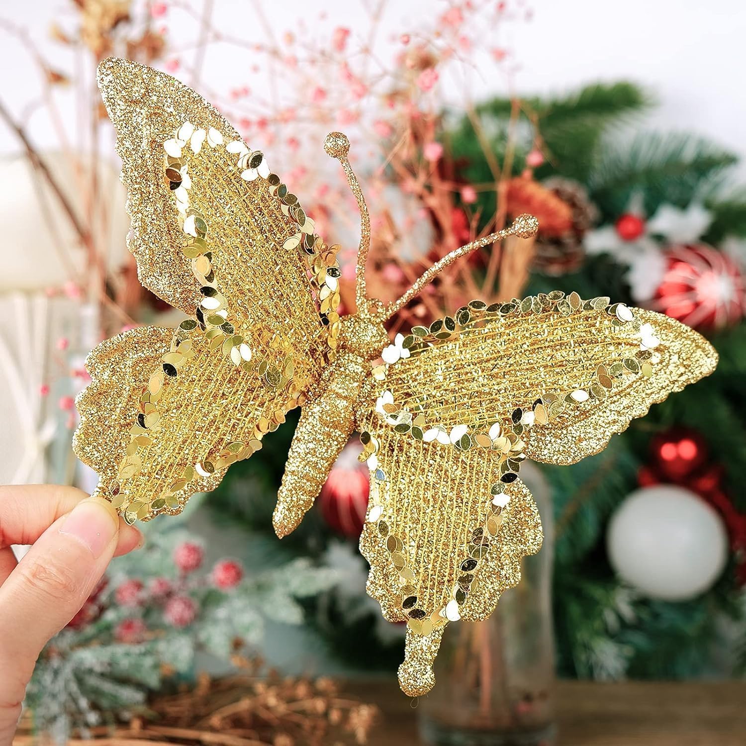 Butterfly Ornament with Clip Glitter, Butterfly Christmas Ornament for Holiday, Decorative Hanging Ornaments for Home, Butterfly Gifts for Women, Wedding, Christmas Wreath & Party 6-Pack Red