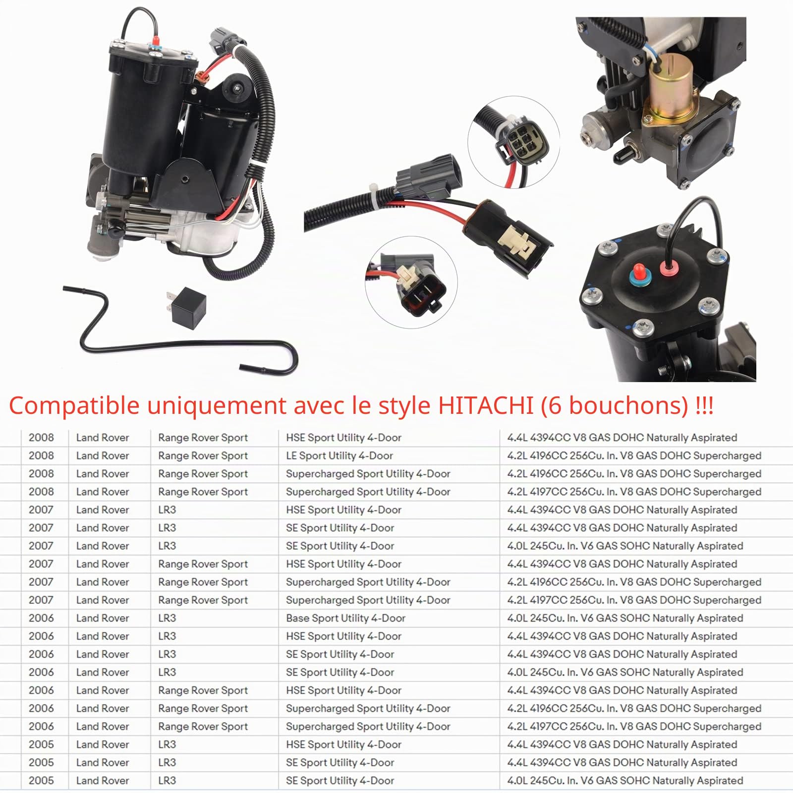 Bisenya Hitachi System Pompe de compresseur à suspension pneumatique et relais compatible avec Dis-covery 3 2004-2009 LR023964 LR015303 LR044360