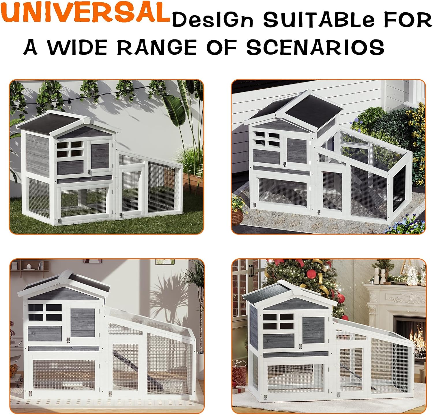 Rabbit Cage, Outdoor Weatherproof Bunny House Wooden, Indoor Bunny Cage with Run, Rabbit Hutch with Removable Tray, Grid Fences, Ramp 53.15" L x 23.62W 37.8" H Gray