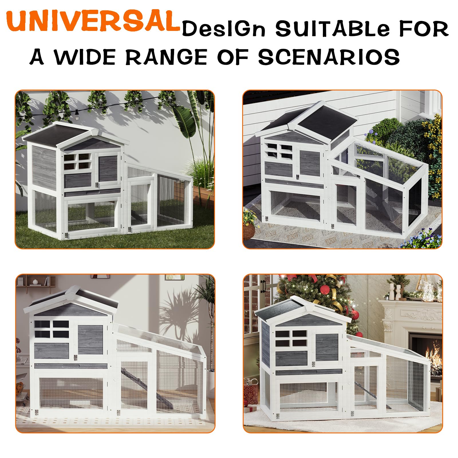 Rabbit Cage, Outdoor Weatherproof Bunny House Wooden, Indoor Bunny Cage with Run, Rabbit Hutch with Removable Tray, Grid Fences, Ramp 53.15" L x 23.62W 37.8" H Gray - image 4