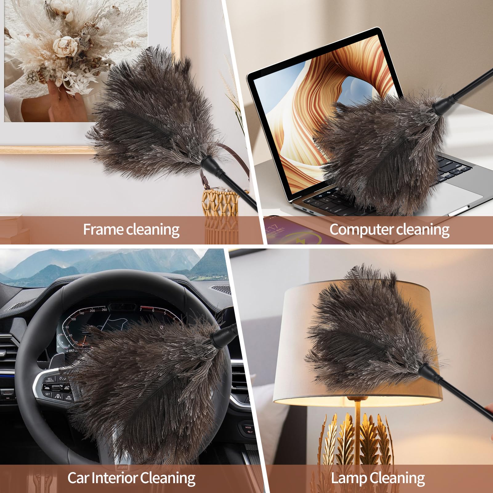 Plumero de plumas de avestruz, natural, esponjoso, suave, con mango de plástico y ecológico, reutilizable, de mano para limpiar adornos del hogar, coche, oficina (6 unidades)