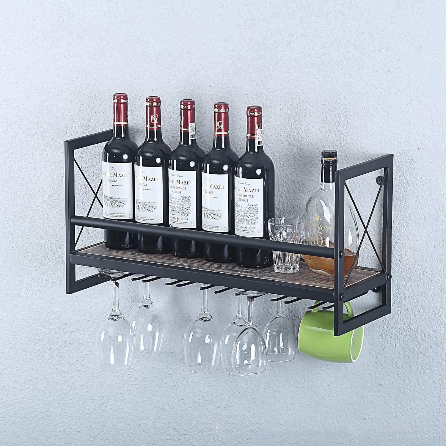 Wall Mounted Wine Rack, Metal and Wooden Wine Shelf with Glass Holder Bottle Champagne Goblets Stemware Rack Holders Floating Hanging Rustic Wine Holder for Kitchen, Home - 60Cm