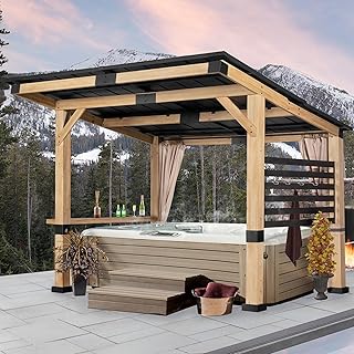 Wood Gazebo 10 x 12 ft. with Cedar Frame and Metal Steel Roof Panels, Hardtop Gazebo for Patio Lawn Deck