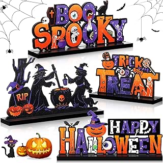 4 Pieces Happy Halloween Wooden Table Decorations Trick or Treat Centerpieces Boo Spooky Halloween Table Signs Wood Pumpkin Witch Table Decor for Halloween Party Home Indoor Tabletop Desk
