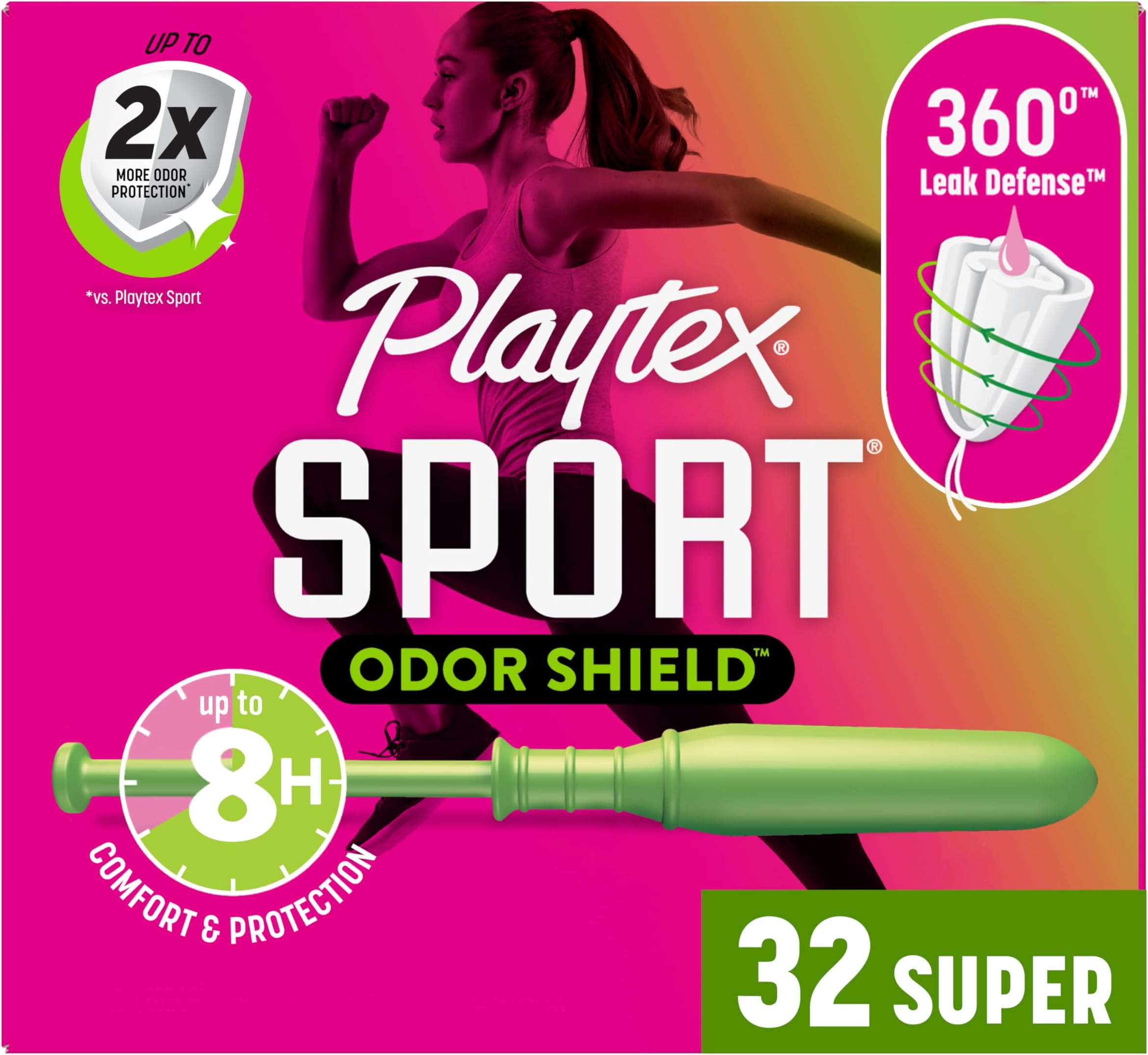 Sport Odor Shield Tampons Super Absorbency, Unscented - 32ct | Super Tampons for Women, Feminine Care, Playtex Tampon with 360 Leak Defense and Odor Control