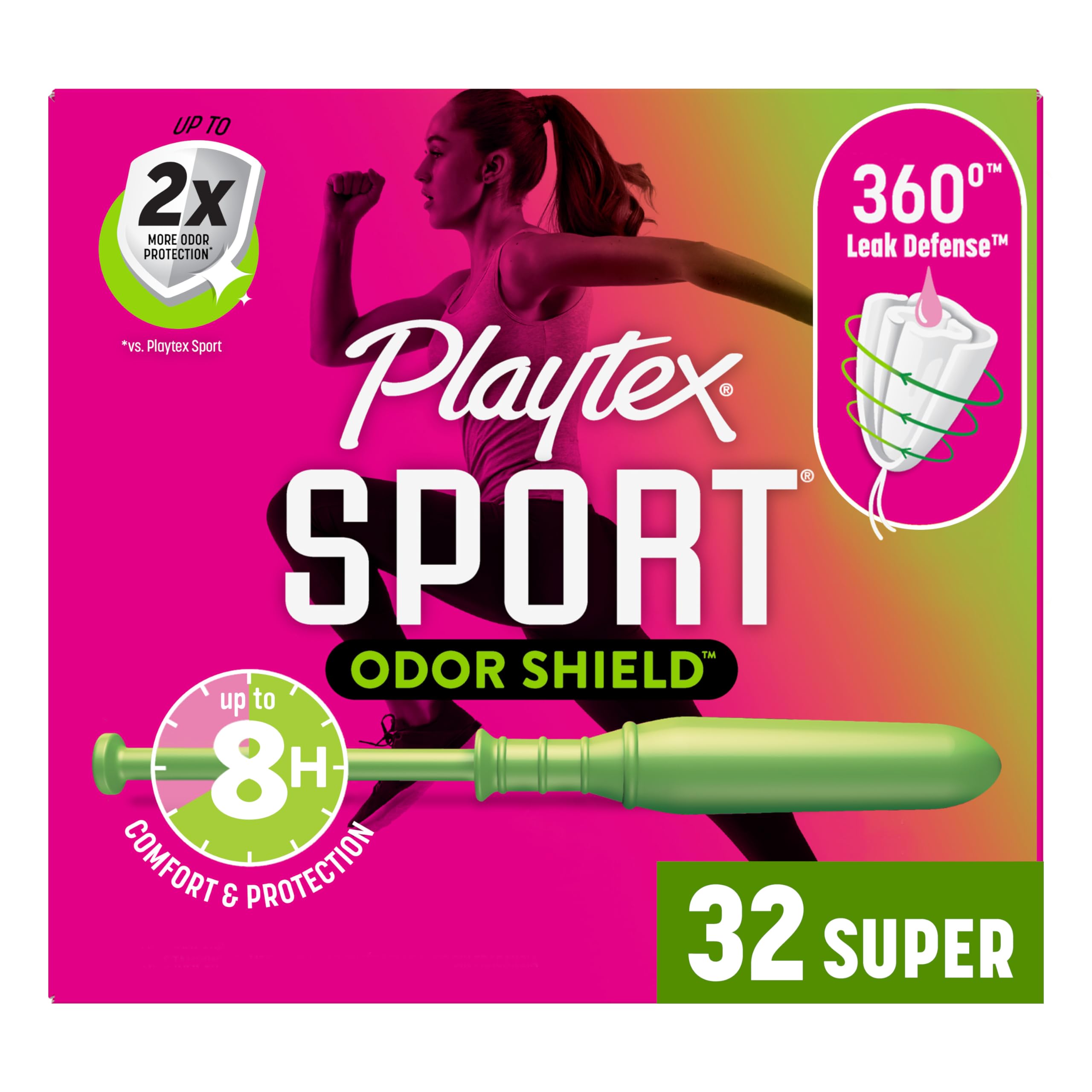 Playtex Sport Odor Shield Tampons Super Absorbency, Unscented - 32ct | Super Tampons for Women, Feminine Care, Playtex Tampon with 360 Leak Defense and Odor Control