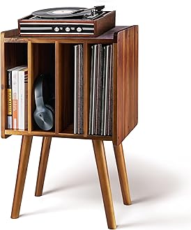 - Wooden LP Record Player Stand with 4 Cabinets, Holds up to 100 Vinyls, Metal Record Storage Holder and Organizer Table, Classical Design for Files/Book (Mid-Century Modern)