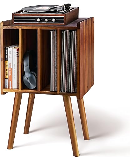 Miniatura 8 de Soporte de madera para tocadiscos, mesa de almacenamiento de discos de vinilo con 4 gabinetes, capacidad para hasta 100 LPs, soporte organizador de