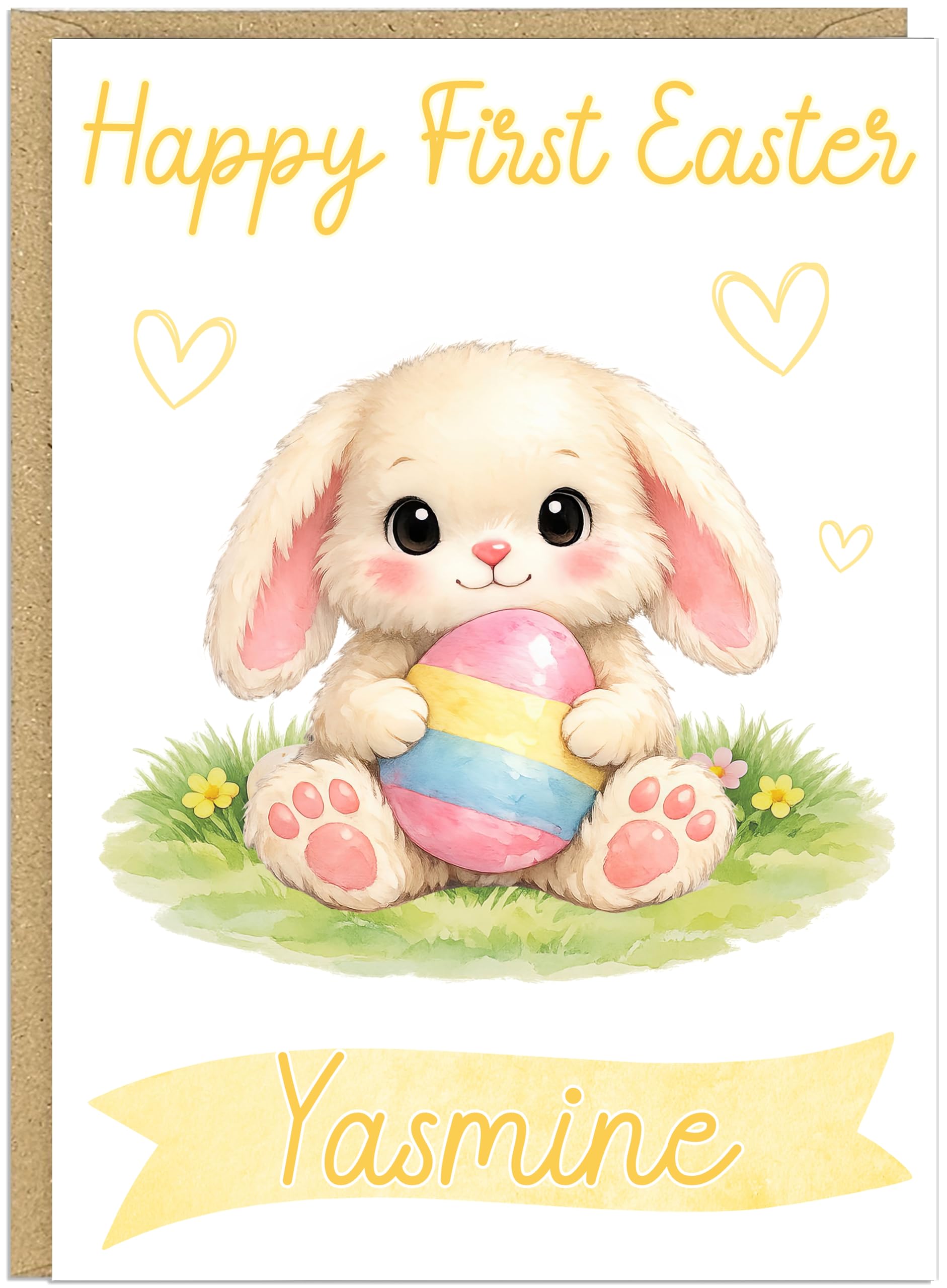 Happy First Easter Personalised Card for Baby - Custom Add Own Name Fluffy Bunny Jar Eggs Design - Toddler Happy 1st Easter Boy or Girl Greeting Card Blue Pink Teal Yellow (Yellow)