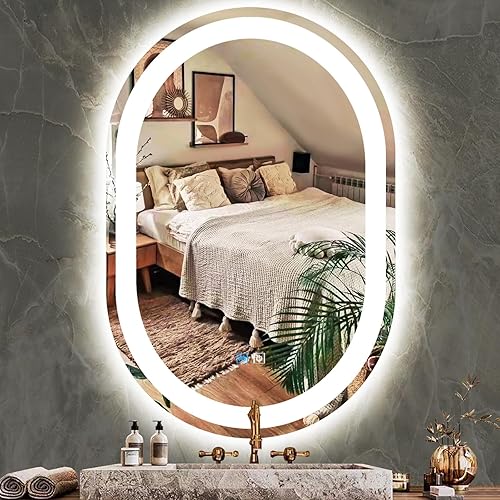 Miniatura 8 de Espejo de tocador ovalado de 28 x 36 pulgadas con luces, espejo LED ovalado para baño, espejo iluminado ovalado, regulable, luz de 3 colores, anti