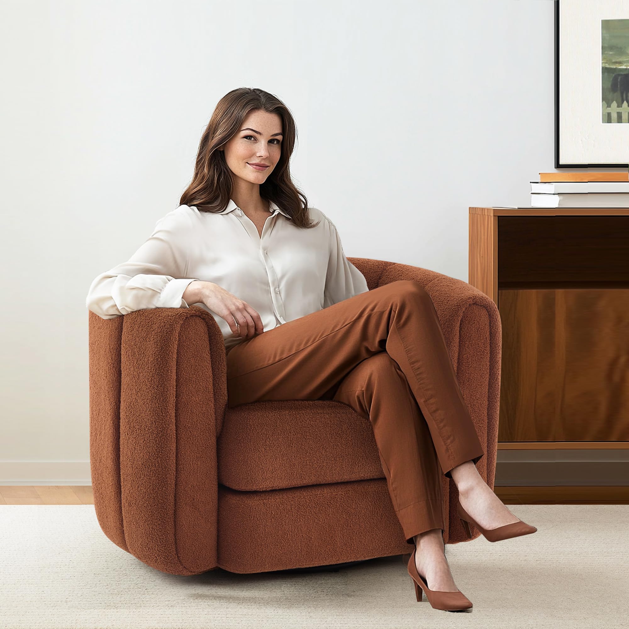 GRAINLLE Swivel Accent Chair, Modern Pumpkin-Shaped Armchair, 360-Degree Swivel Barrel Chair with Teddy Fabric, Accent Chairs for Living Room Office