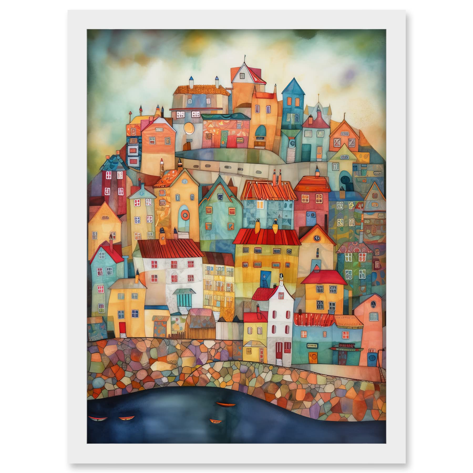 Artery8 Home By The Sea Folk Art Artwork Framed A3 Wall Art Print
