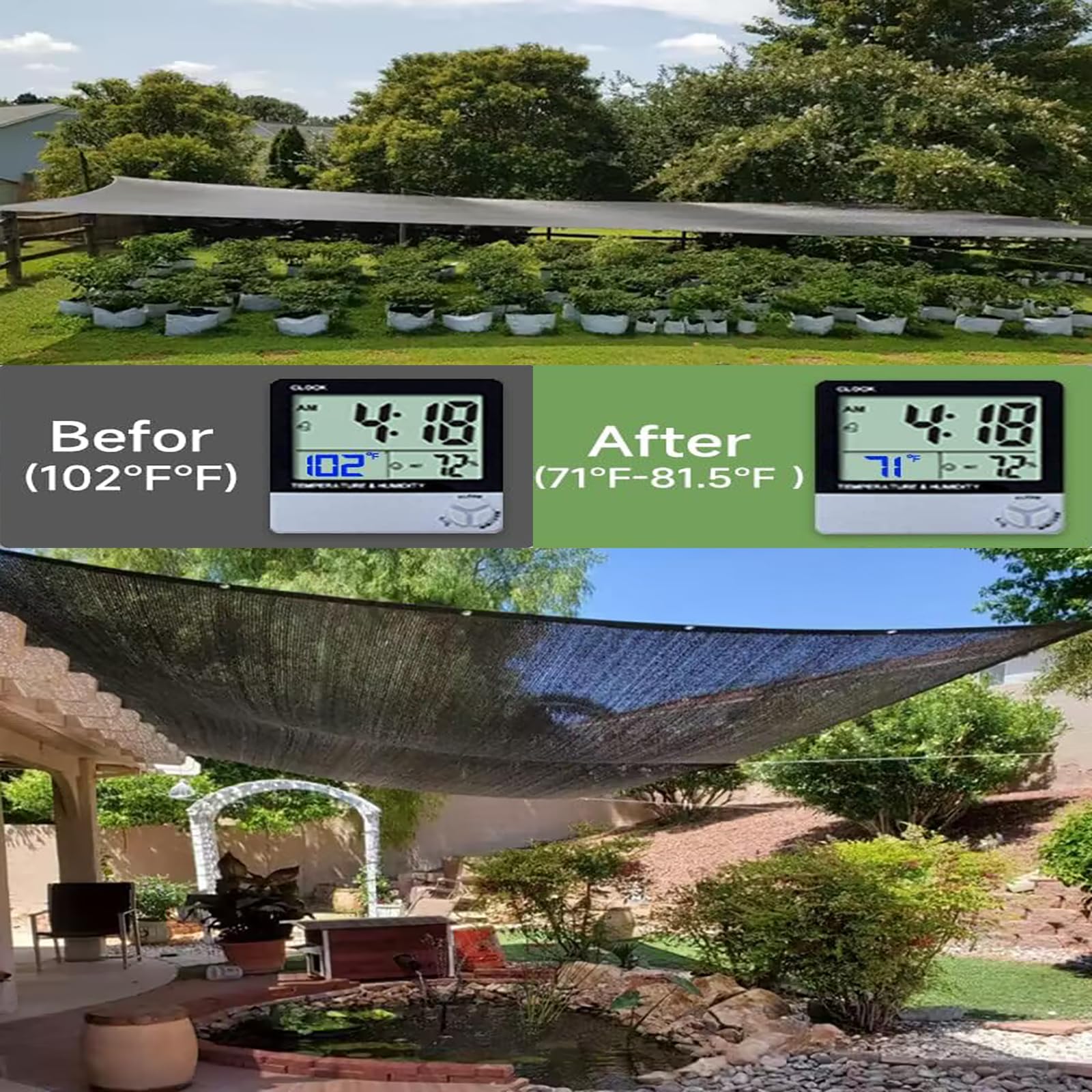 90% verde 3 m x 2,4 m de tela de alta densidad, toldo de malla con bordes sellados para jardín, patio, 12 bolas elásticas incluidas