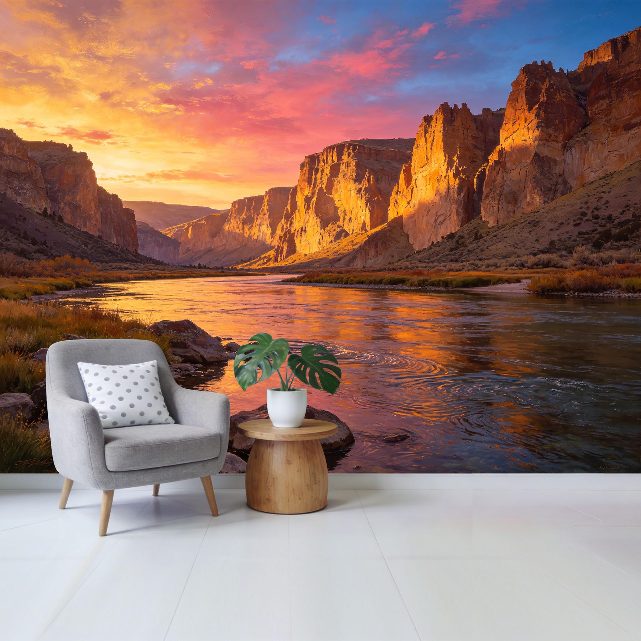 Custom Size Wall Mural Sunset Canyon River Landscape Textured Oil Painting Removable Self Adhesive Fabric， Home Wall Decor for Living Room Bedroom Bathroom