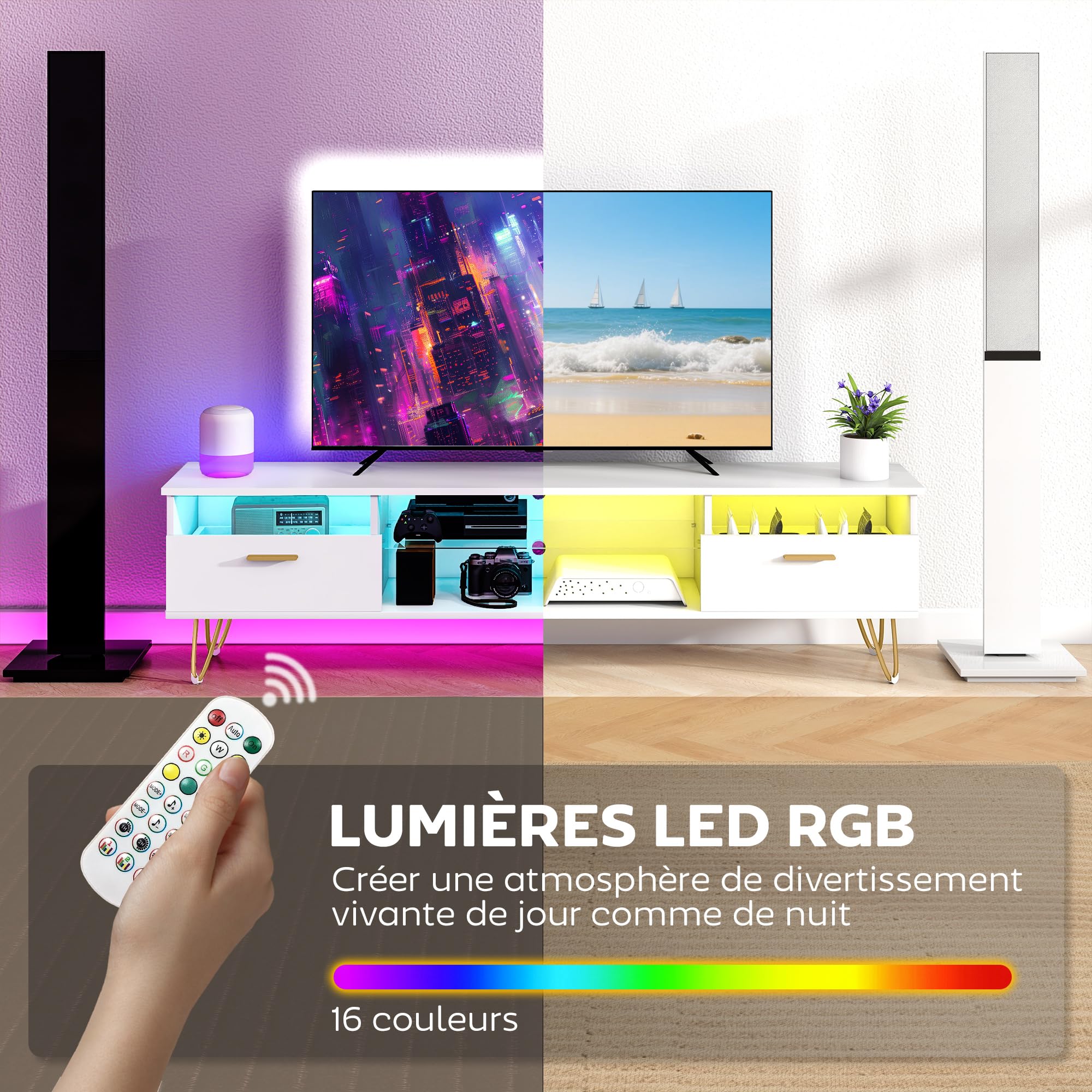 HOMCOM Meuble TV LED RGB 16 Couleurs 42 à 120 Pouces 160x35x42cm Blanc