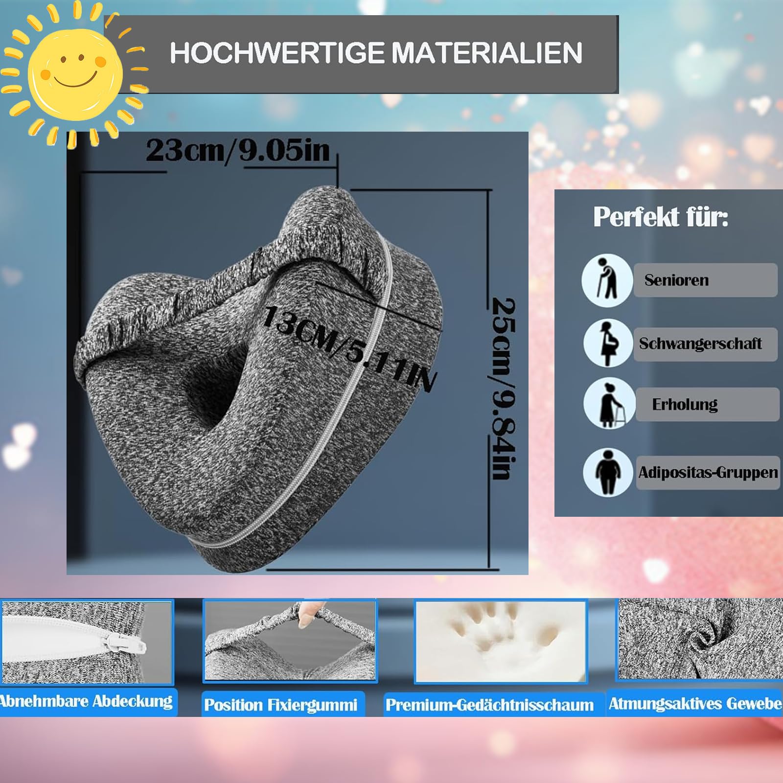 Kniekissen für Seitenschläfer aus Memory Schaum, Grau | Leg Pillow, Für Hüft Rücken Knie-Schmerzen, Schwangerschaft geeignet