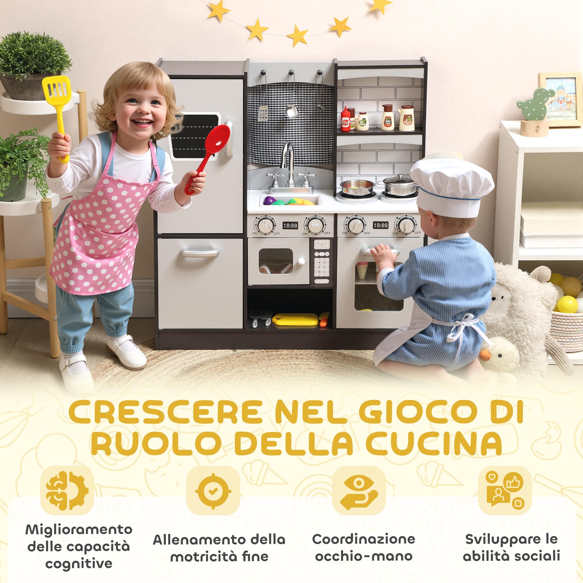 AIYAPLAY Cucina Giocattolo per Bambini, Cucina Legno per Bambini, Cucinetta Giocattoli con Fornelli, Microonde, Armadietti, Lavandino, Pentole, Accessori in Acciaio Inox, 3-8 Anni, 81x27x80cm, Marrone