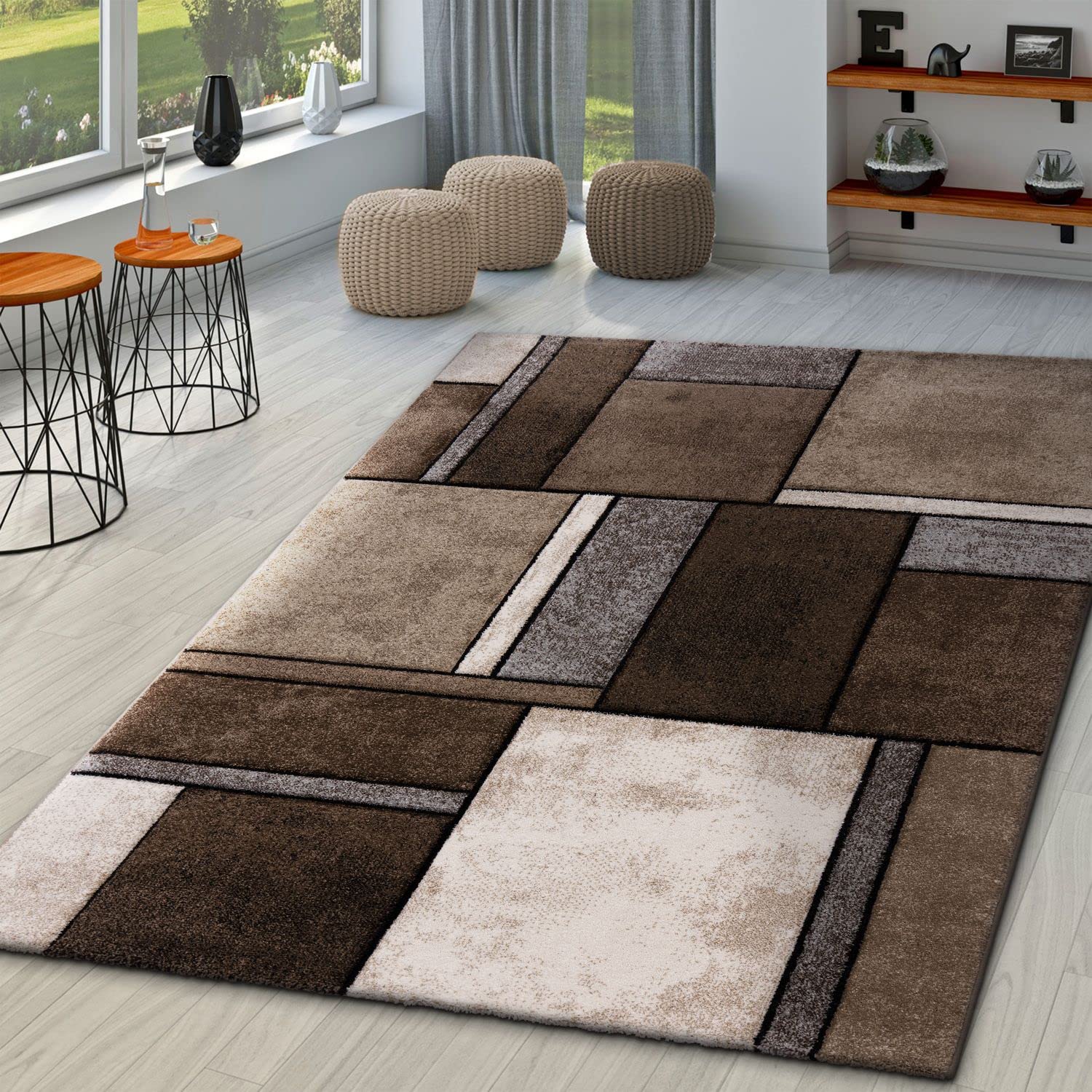 TT Home Tappeto Camera Da Letto Soggiorno Pelo Corto Moderno Vintage Astratto Disegno Geometrico, Colore:Grigio Beige Marrone, Dimensione:160x230 cm