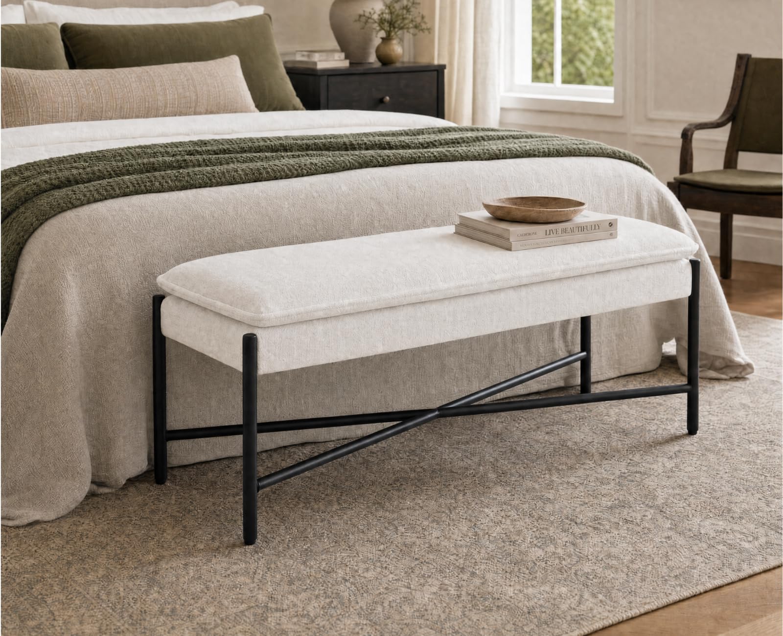 Ya-Home Banc Bout de Lit Moderne,Banquette d'Entrée,Lin,Beige | Banc Ottoman d'Entrée à Double Couche Rembourré,Pieds Métalliques,pour Entrée Salon Chambre à Coucher