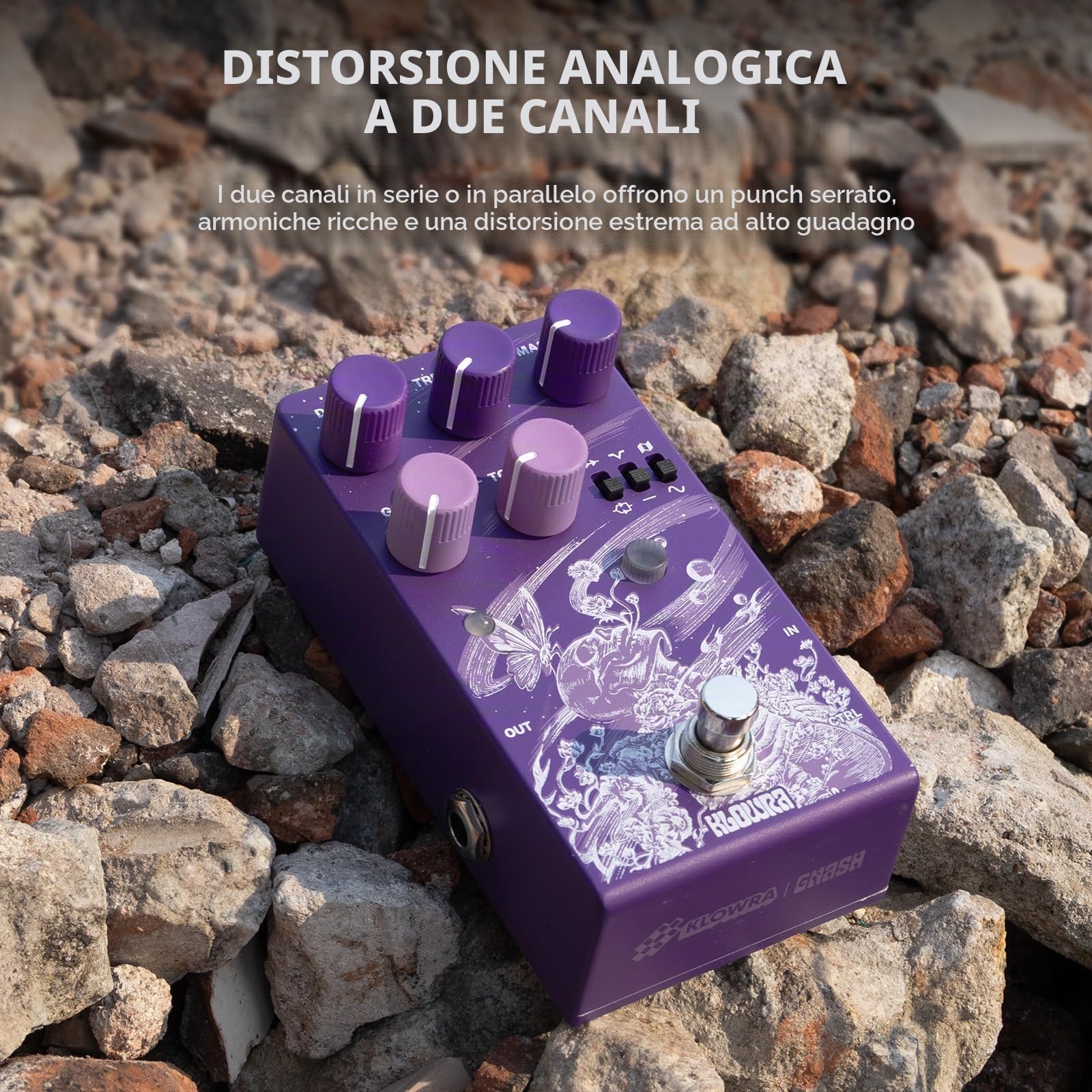 Gnash - Pedale per effetti per chitarra con distorsione analogica a doppio canale, drive ad alto guadagno serie/parallelo con Wavefolder e Mid-Cut, True Bypass, circuiteria completamente