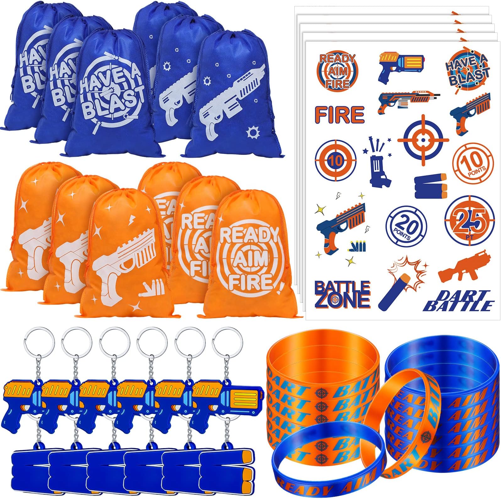 138 Pcs Dart Battle Party Supplies Include Wars Goody Treat Bags Dart Themed Silicone Rubber Bracelet Wristbands Keychain Temporary Tattoos for Battle Birthday Party Favors