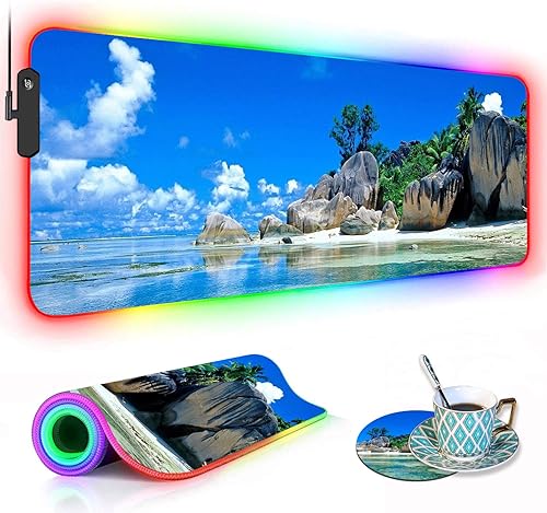 Vista 43 de Alfombrilla de mouse RGB para juegos con posavasos para café, alfombrilla de mouse LED grande XXL, base de goma antideslizante, alfombrilla de mouse