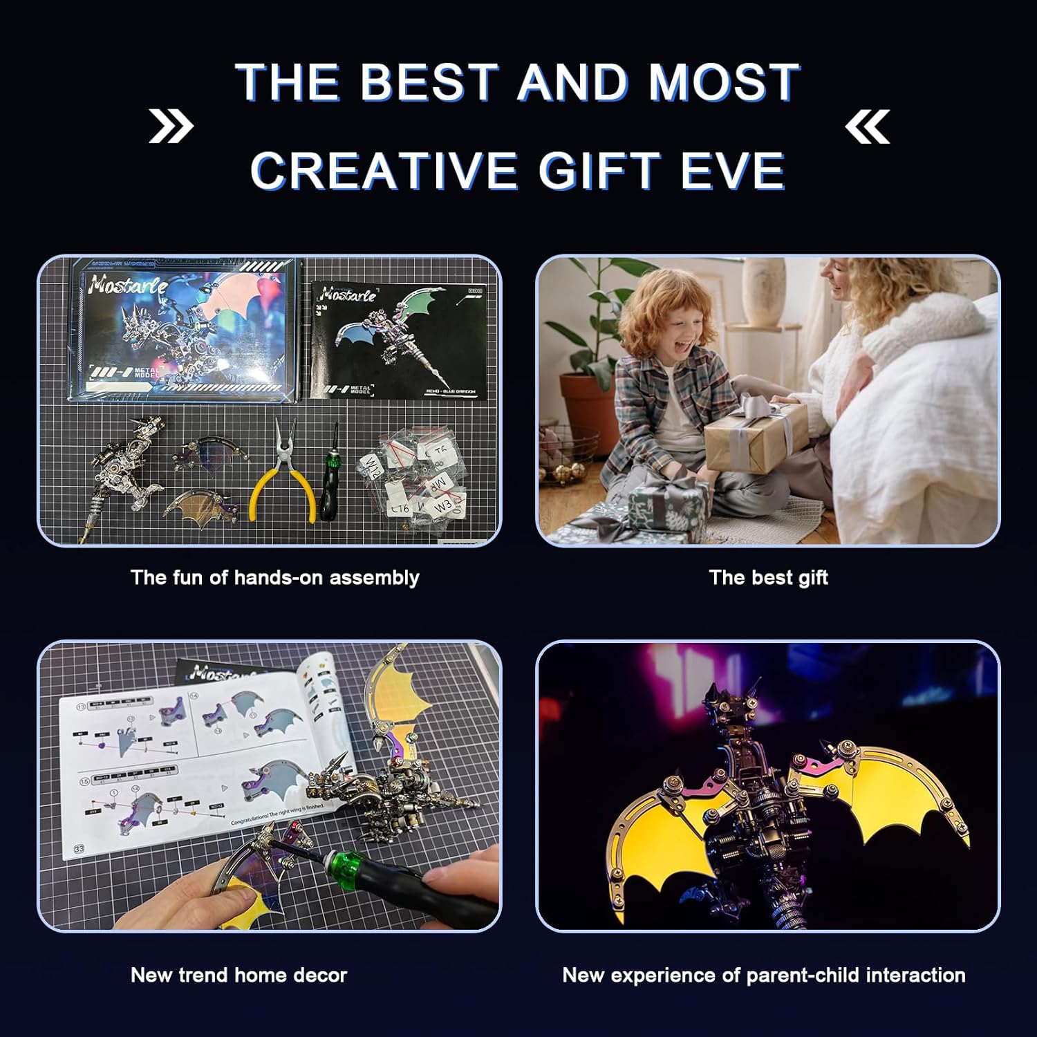 Mostarle Reno Blue Dragon 3D Metal Puzzle Kit, 613 Pieces, Magnetic Assembly, LED Light-Up Color Changing Wings, Adjustable Display, DIY Mechanical Model for Advanced Builders Collectors