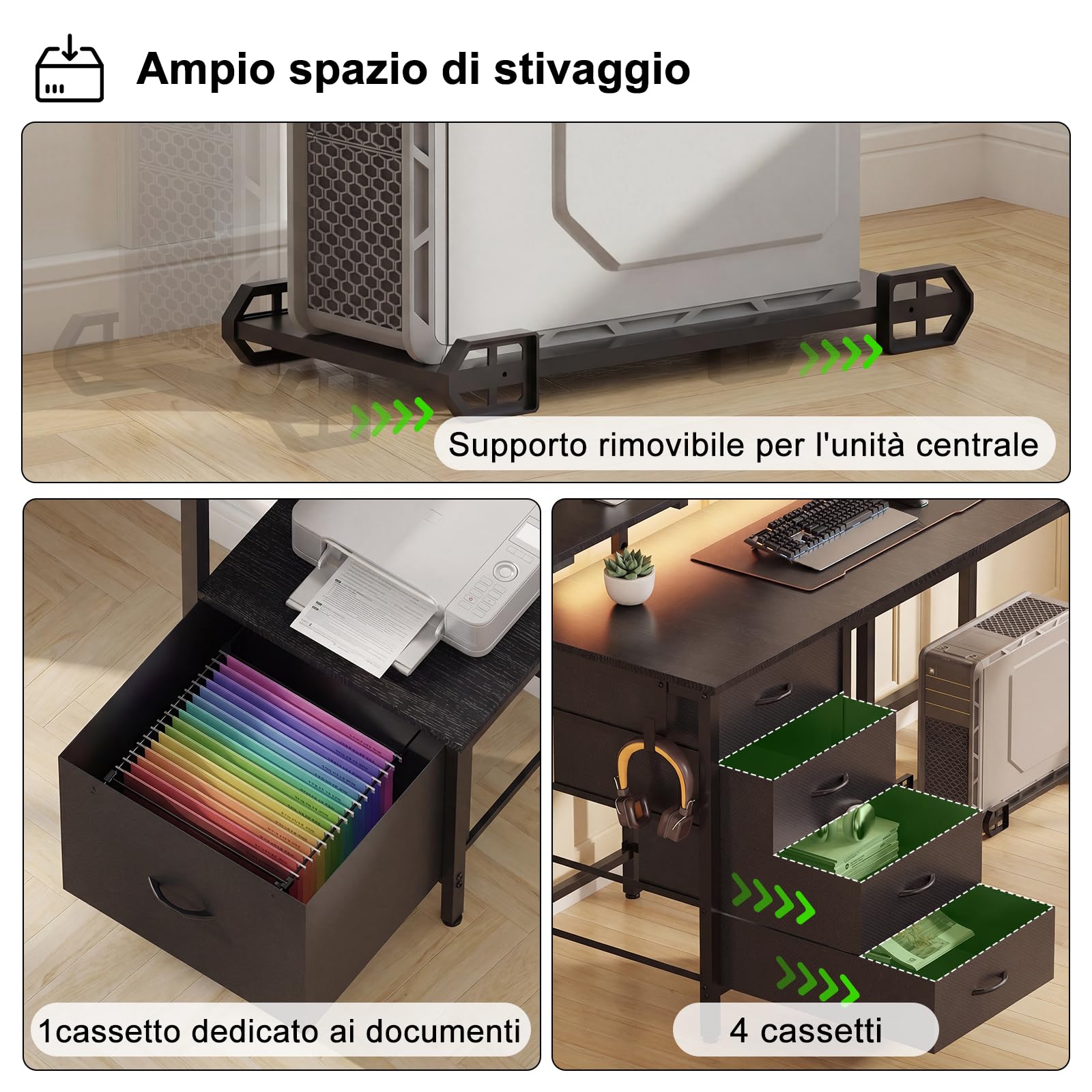 JUMMICO Scrivania angolare con mobile, scrivania reversibile a forma di L, con presa di corrente e porte USB, luci LED e ganci, scrivania da gioco ideale per casa e ufficio, 139 x 120 cm, nero