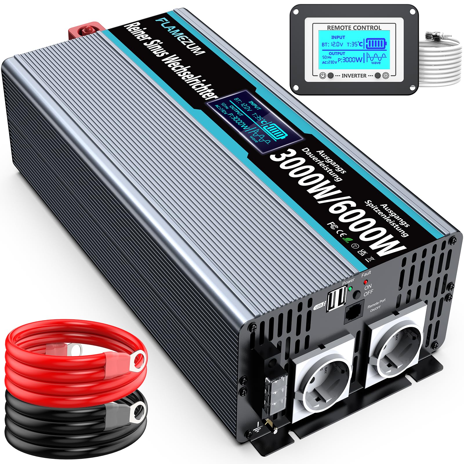 Spannungswandler 12v auf 230v 1000W/2000W Reiner Sinus Wechselrichter Auto Power Inverter Konverter mit 1 EU Steckdosen und 2 USB Autoladegerät Für Auto KFZ Wohnwagen LKW