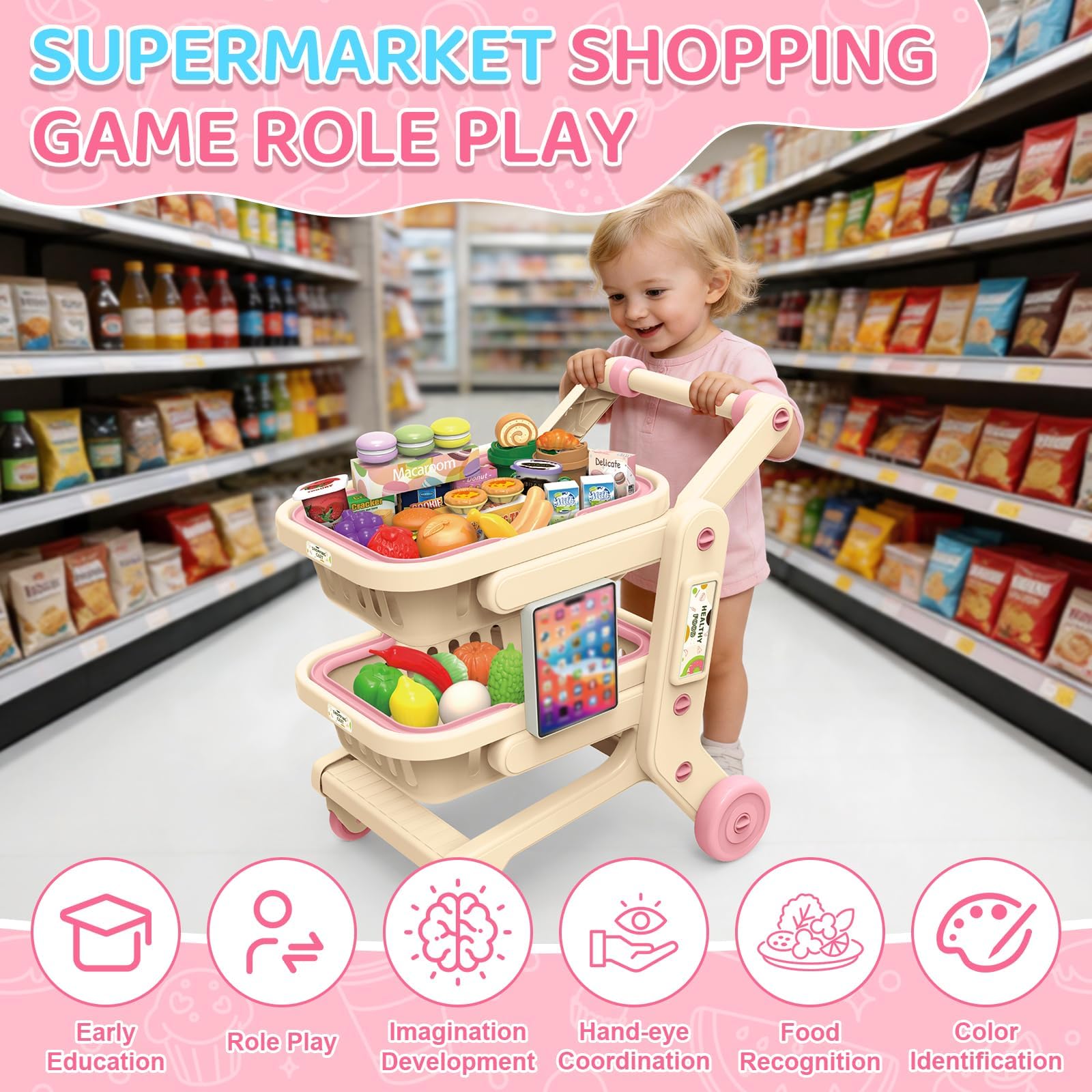 deAO Carrello Spesa Bambini con Frutta, Verdura | Carrello Spesa Giocattolo Bambini Gioco di Ruolo Cestino Della Spesa Portatile 2 Ripiani Dotato di Ruote Scorrevoli