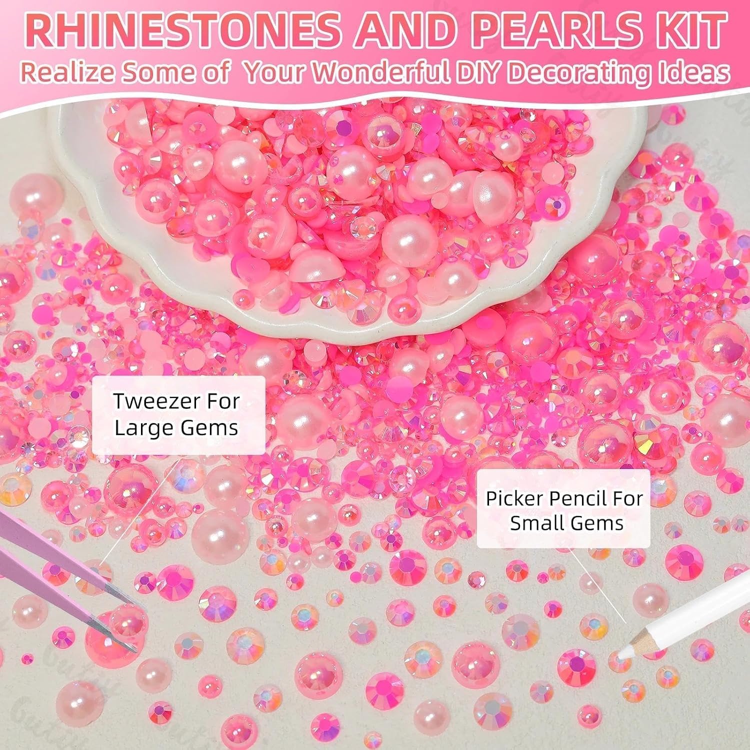 14000Pcs Transparent Pink Flatback Rhinestones and Pearls for Bedazzling Kit, 2-6mm Resin Gems Bedazzling Rhinestone, 4-10mm Flatback Pearls Gems Rhinestones for Crafting DIY Face Makeup