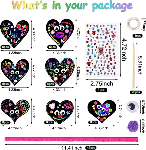 Miniatura 2 de JOFONY 42 piezas de arte mágico de San Valentín para arañar, forma de corazón de arco iris, ojos googly para niños, actividades de bricolaje,
